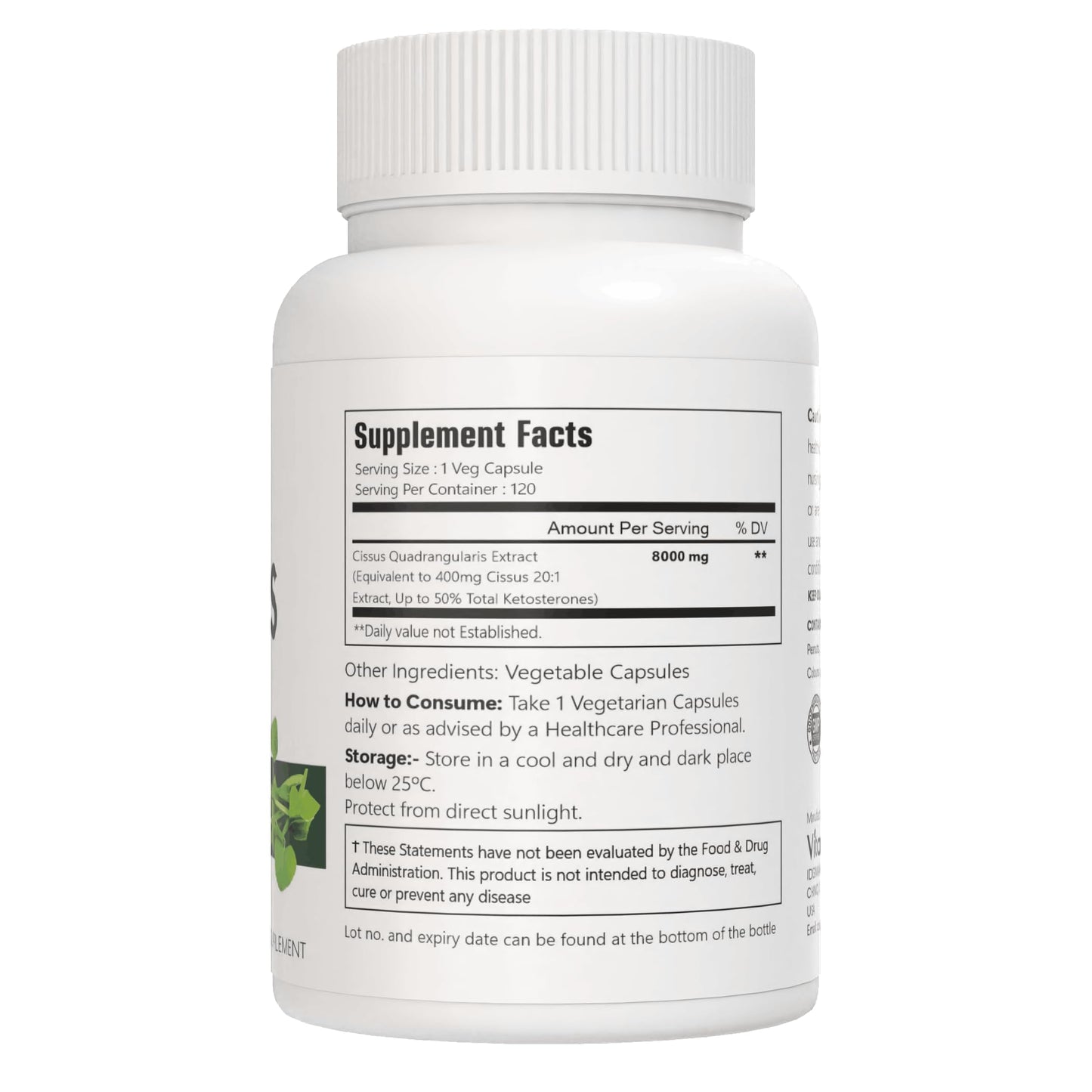 VitaCosmoX Cissus Quadrangularis Extract Capsules, 8000mg, 120 Capsules