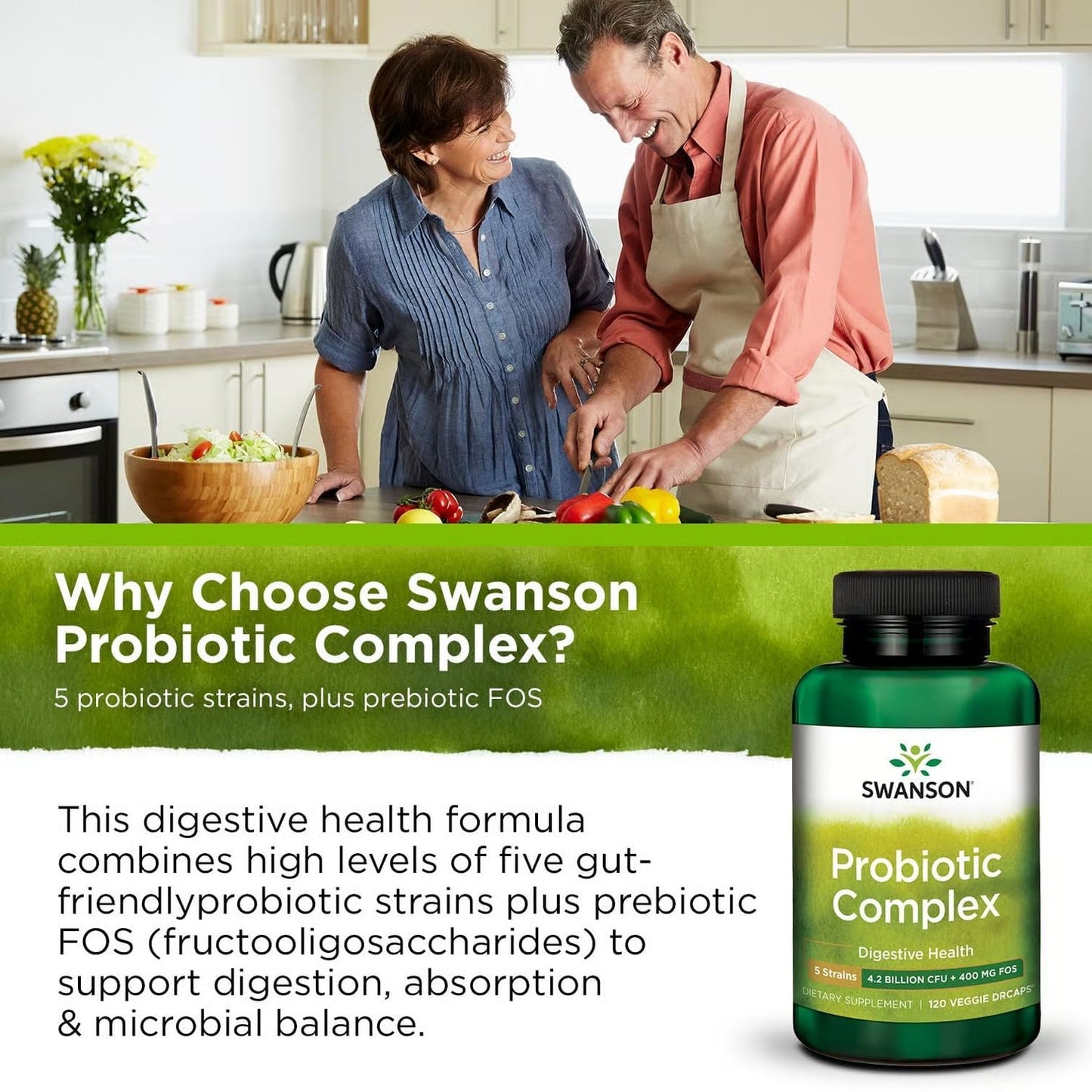 Swanson Probiotic Complex 4.2 Billion CFU 5-Strain Digestive Health Fat Metabolism Satiety Prebiotic FOS Complex Supplement Vegan Capsules, 120