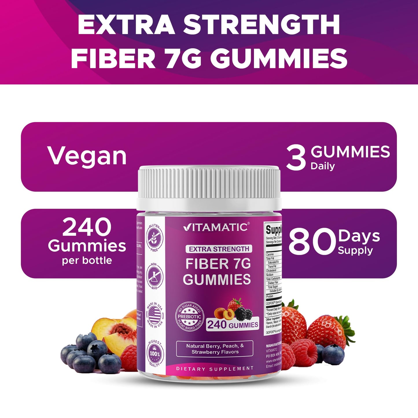 Vitamatic Prebiotic Fiber Gummies for Adults, 7G Extra Strength, Zero Sugar Added, Pectin-Based, 240 Gummies