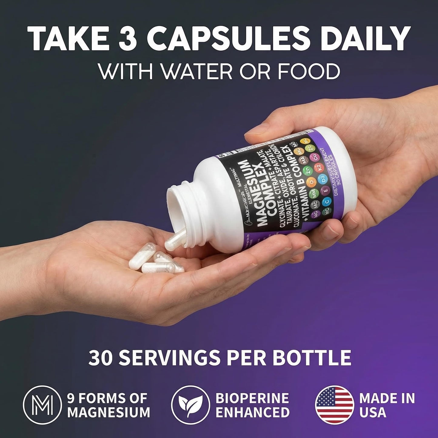 Clean Nutraceuticals Magnesium Complex with Magnesium Glycinate Citrate Malate Oxide Taurate Aspartate Orotate & Mag Chloride, Zinc Copper Manganese & Vitamin C B1 B2 B6 B12 Complex Capsule, 90 Count
