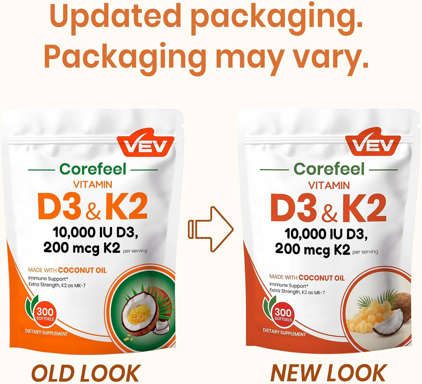 VEV Vitamin D3 K2 10,000 IU, 200 mcg MK-7, 300 Softgels
