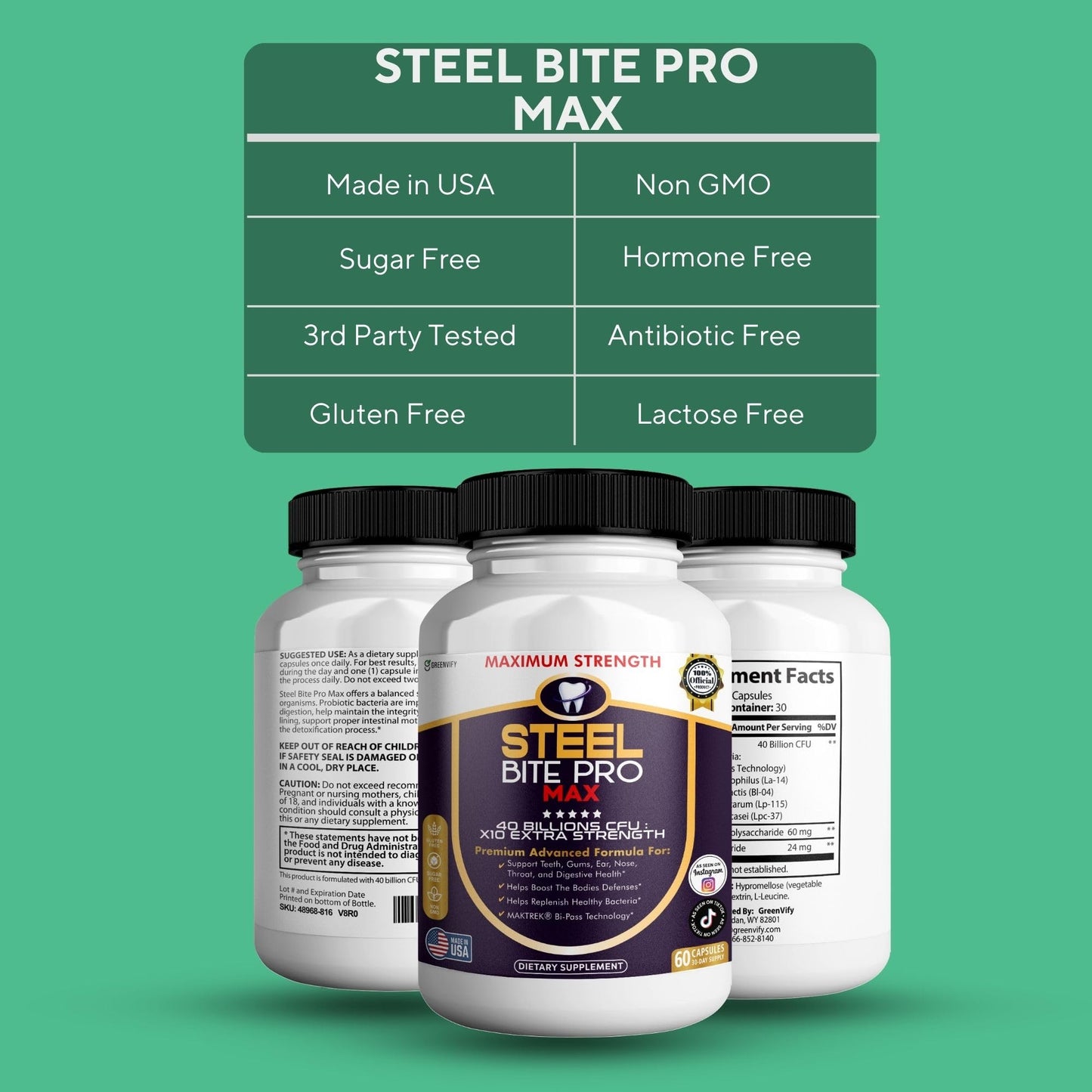 GREENVIFY Steel Bite Pro Max Probiotic Supplement Capsule 120 Capsules