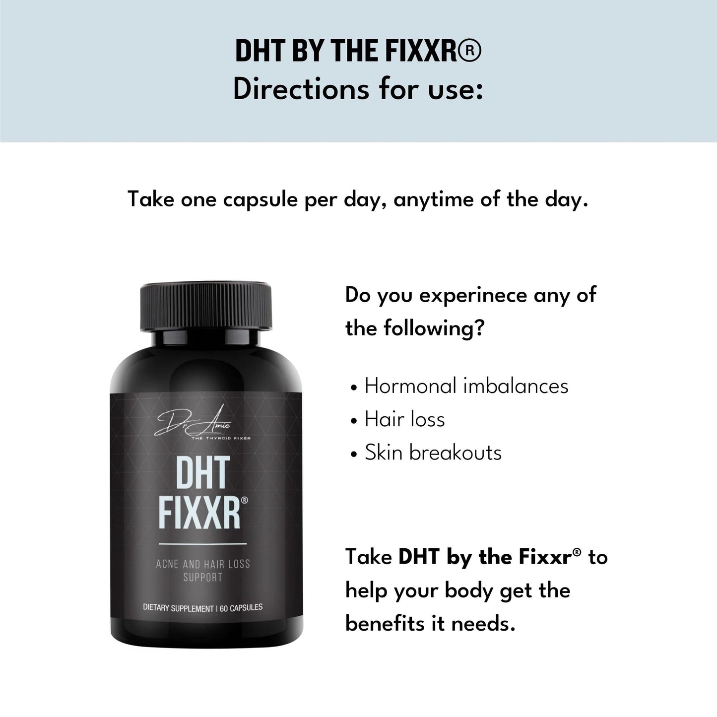 Fixxr DHT Support by Dr. Amie with Saw Palmetto and Nettles Acne and Hair Loss Support, 60 Capsules