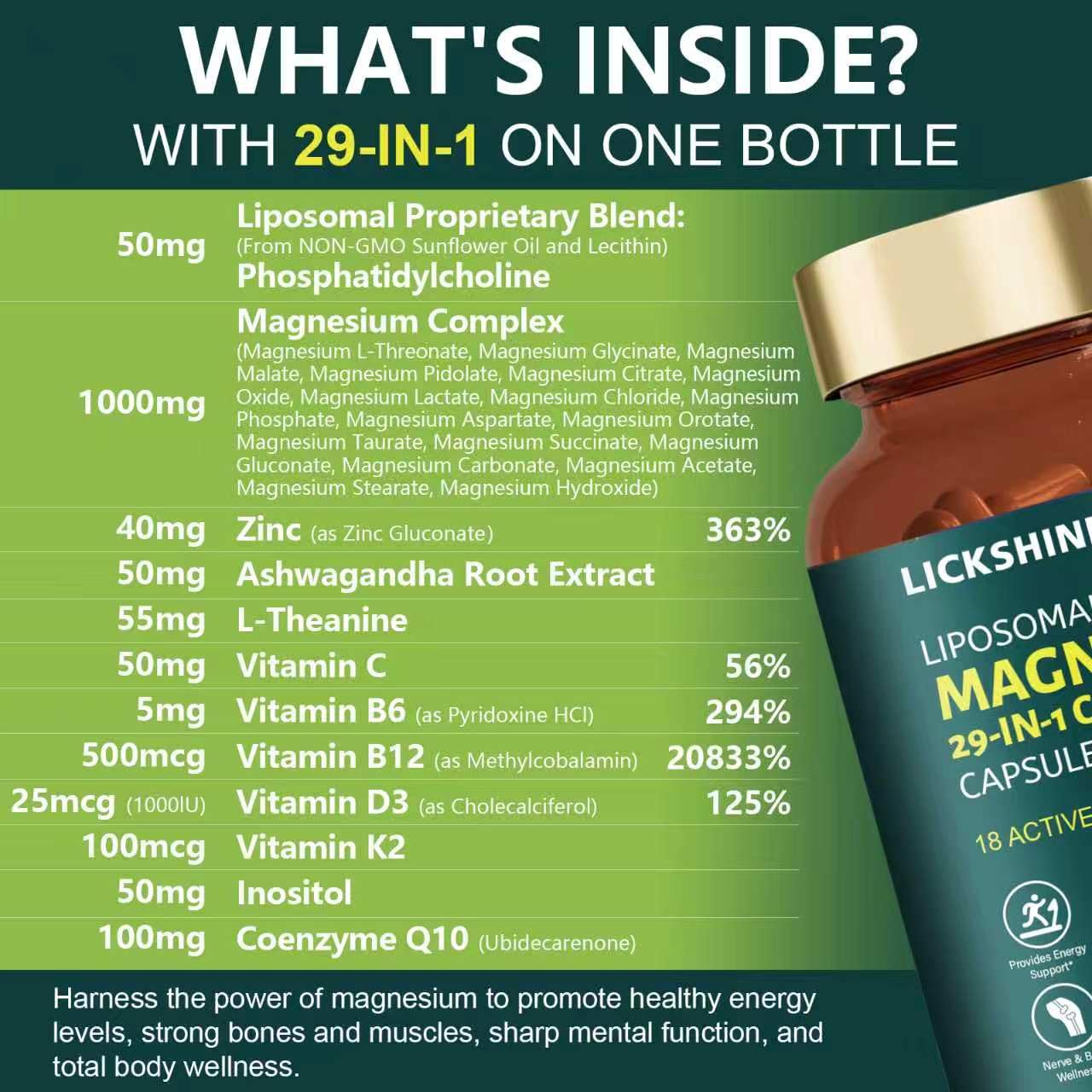 lickshine 29-in-1 1400mg Liposomal Magnesium Complex Capsules, 240 Capsules