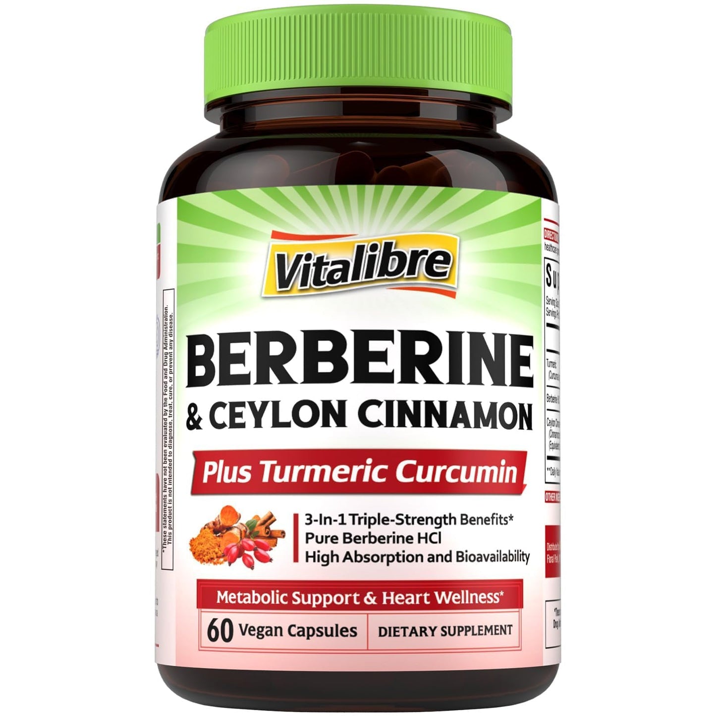Vitalibre Berberine with Ceylon Cinnamon, Turmeric Root, Triple Strength, 97% High Potency Berberine HCl, 60 Capsules