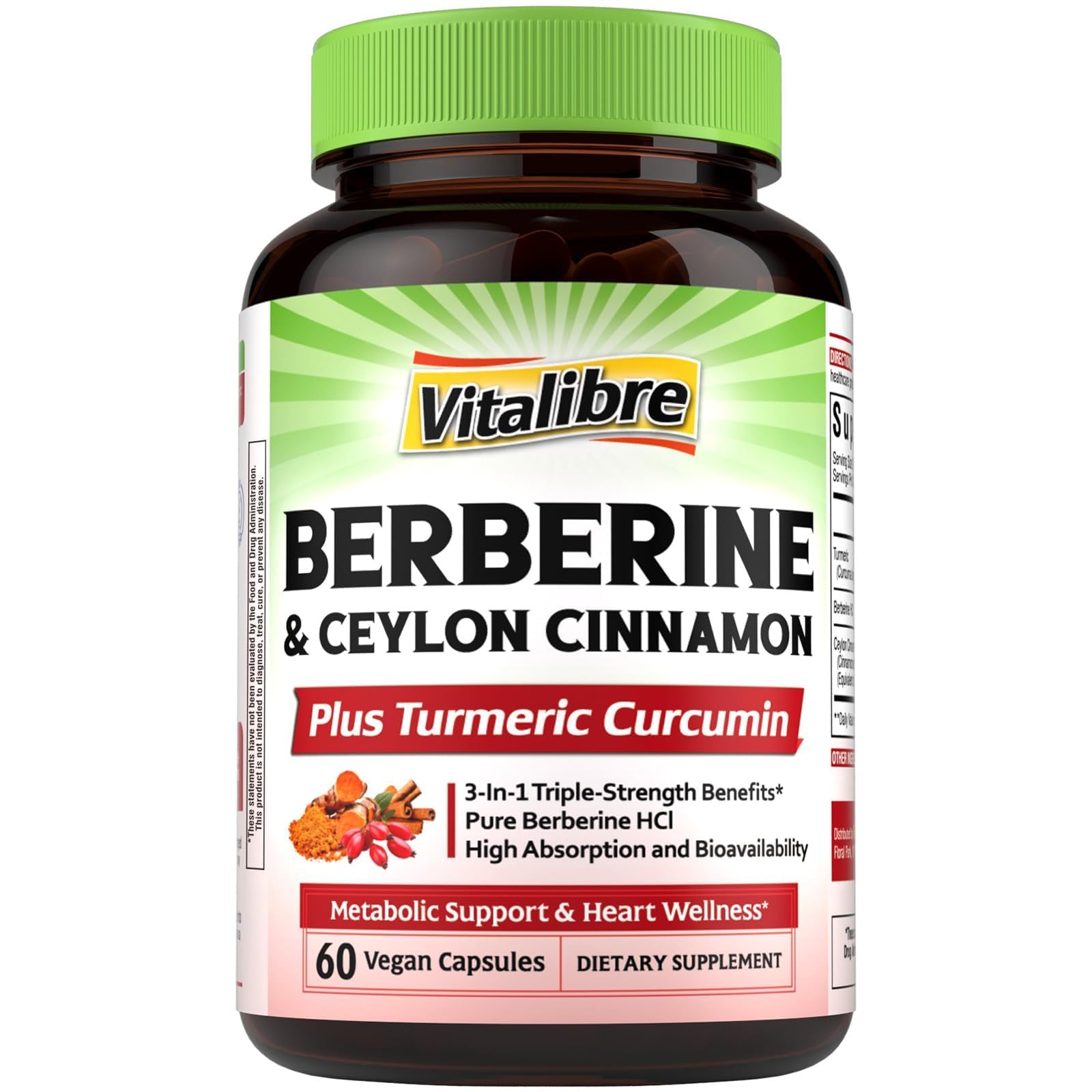 Vitalibre Berberine with Ceylon Cinnamon, Turmeric Root, Triple Strength, 97% High Potency Berberine HCl, 60 Capsules