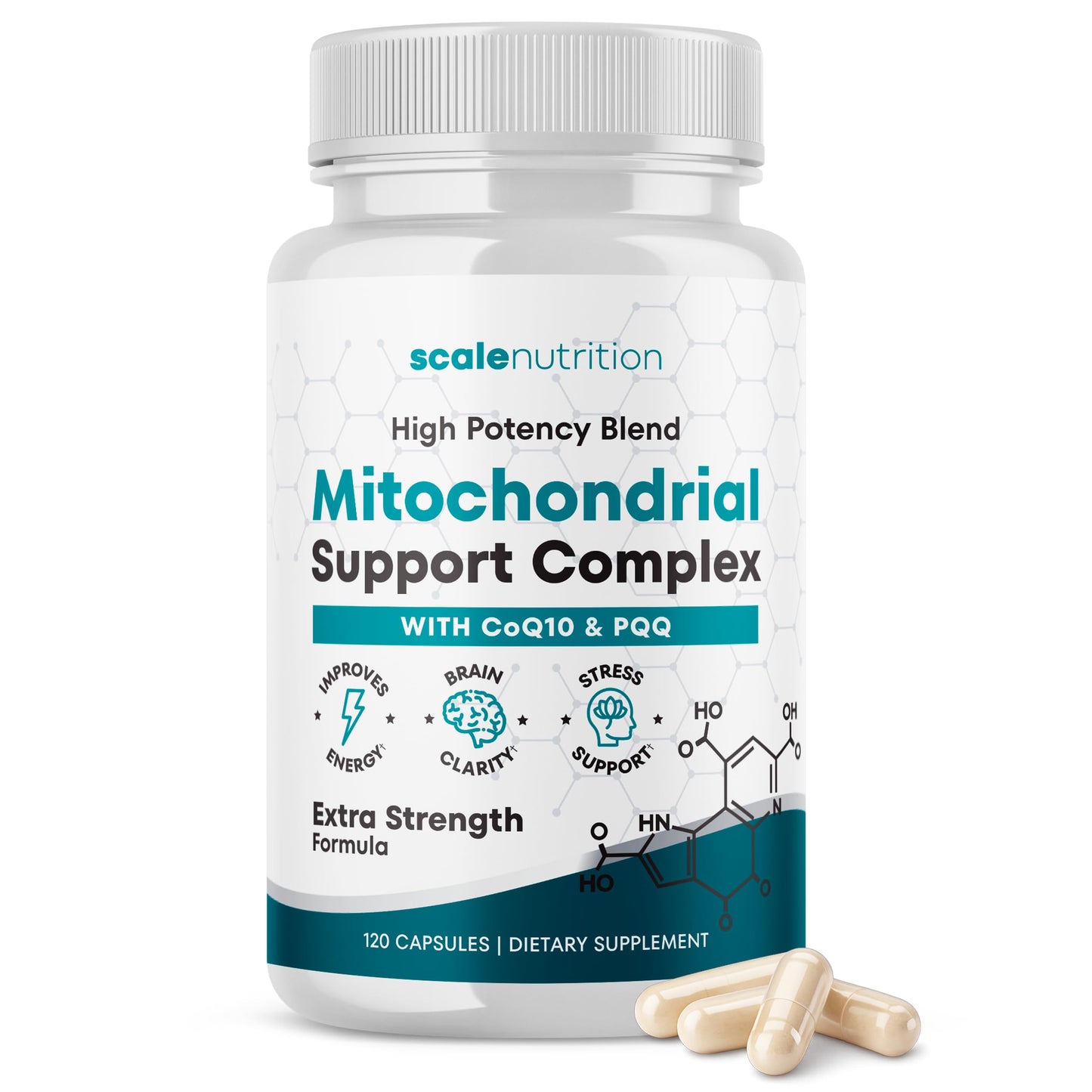 Scale Nutrition Mitochondrial Support Complex – Energy, Focus & Brain Clarity Support – CoQ10, PQQ, Acetyl-L-Carnitine – Cellular Energy & Stress Support Supplement Capsules 120