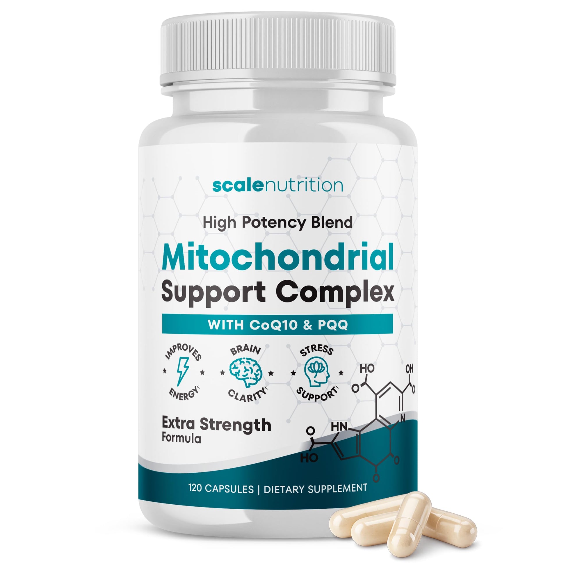 Scale Nutrition Mitochondrial Support Complex – Energy, Focus & Brain Clarity Support – CoQ10, PQQ, Acetyl-L-Carnitine – Cellular Energy & Stress Support Supplement Capsules 120