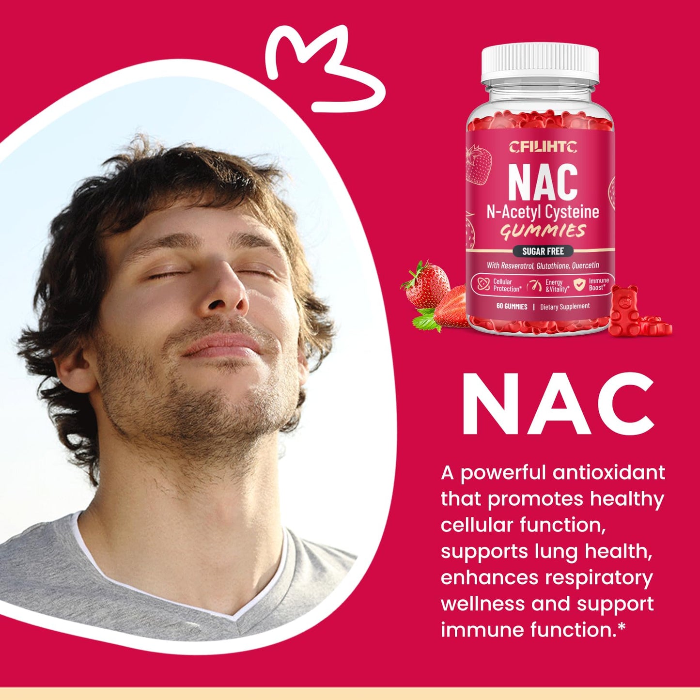 CFILIHTC NAC Gummies 600mg with N-Acetyl Cysteine, Glutathione, Resveratrol, Magnesium, CoQ10 for Antioxidants & Immune Support, Strawberry Flavor, 60 Gummies