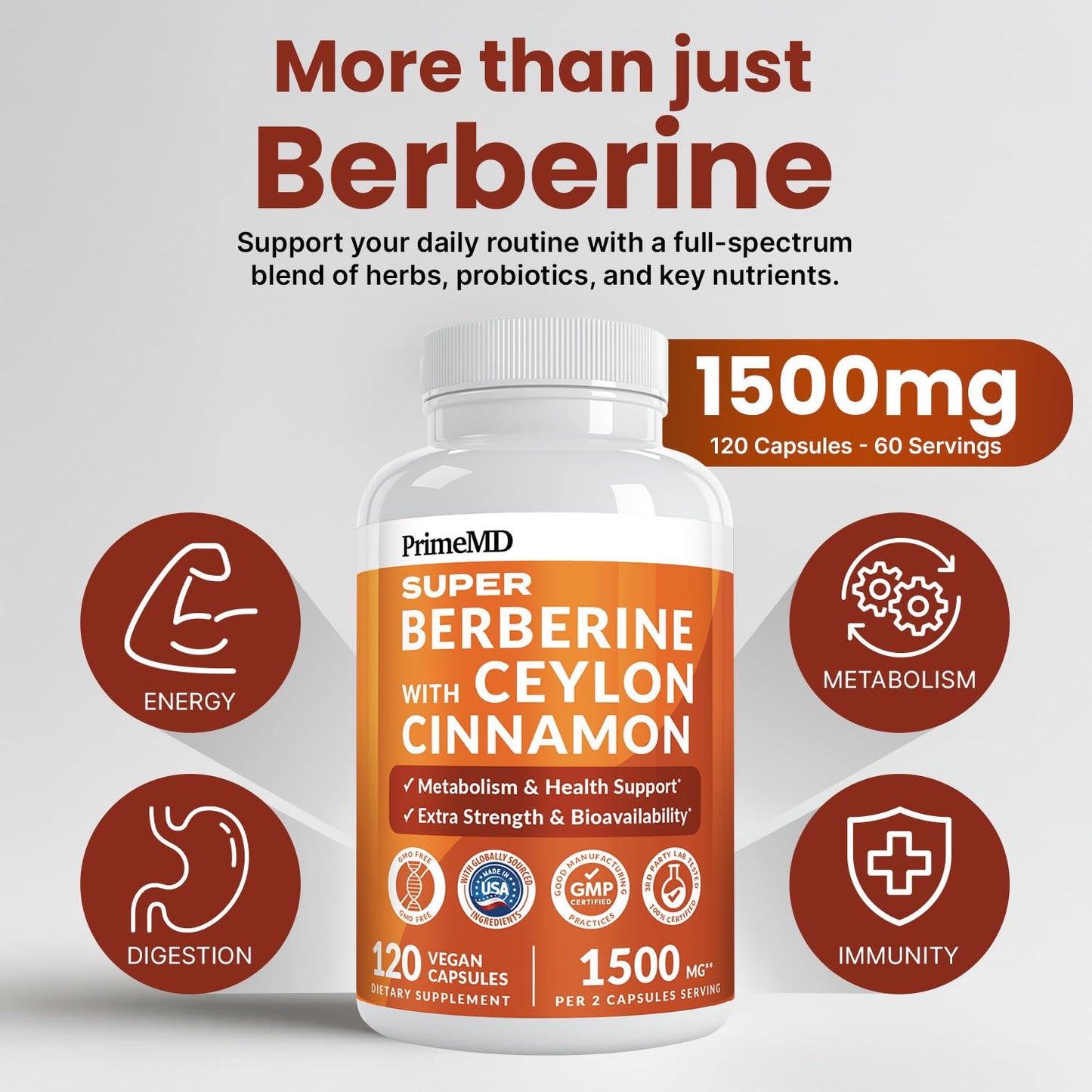 PrimeMD Berberine 1500mg, Ceylon Cinnamon, BioPerine & Turmeric Capsules, 120 Count