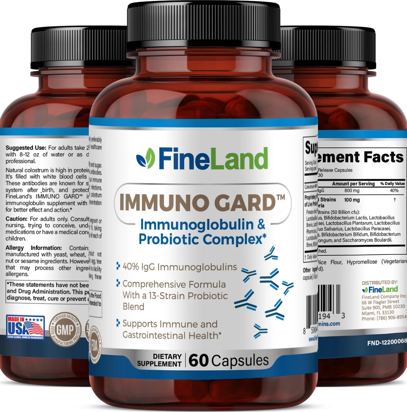 FineLand IMMUNO Gard - Colostrum with 40% IgG and 13-Strain Probiotic Blend (50 Billion CFU) - Botanical and Nutritional Complex for Internal Balance Capsules, 60 Count