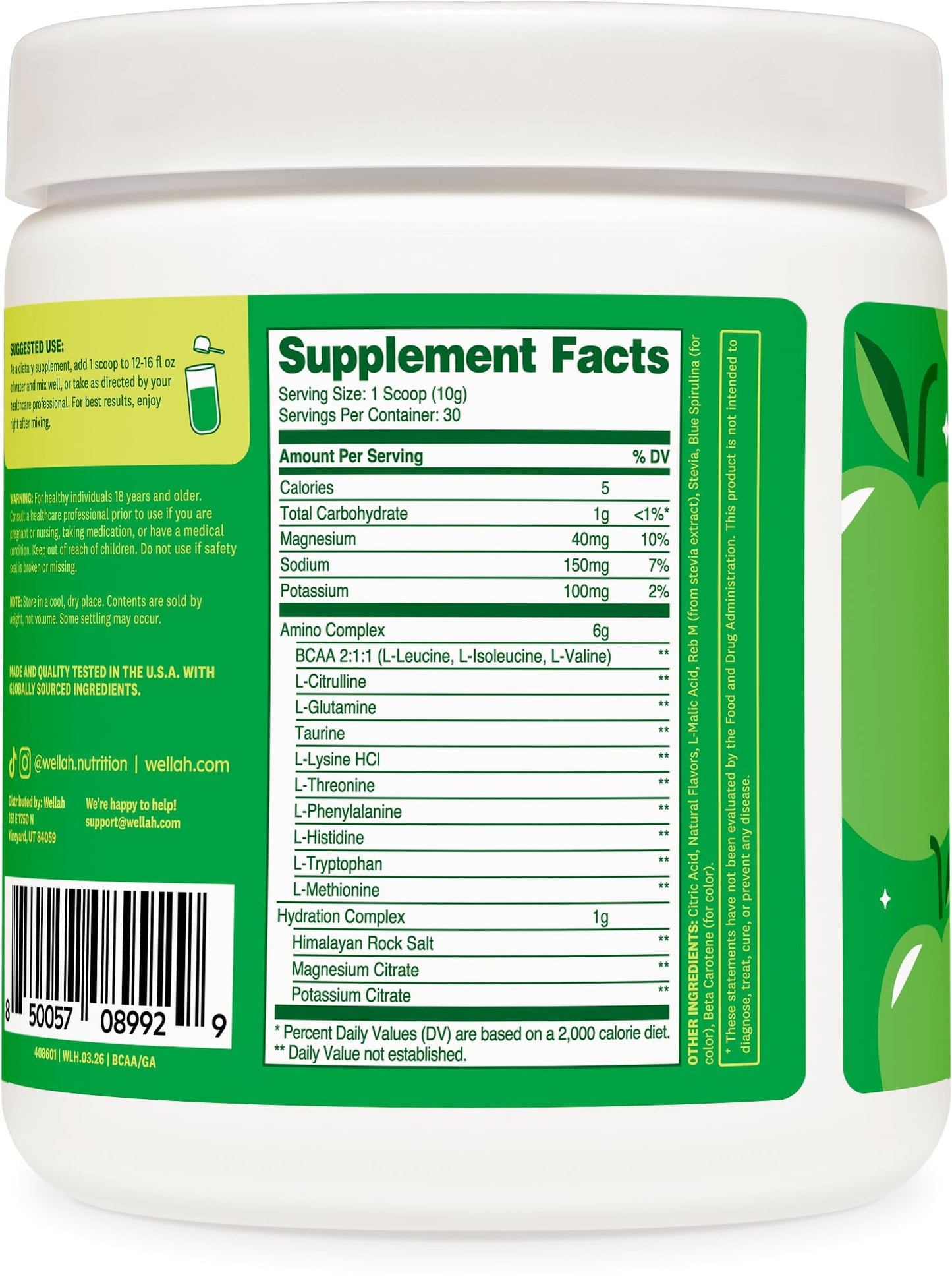 Wellah BCAAs (Green Apple Flavored) 30 Servings - BCAA Powder with Hydration Complex, 11 Ounce