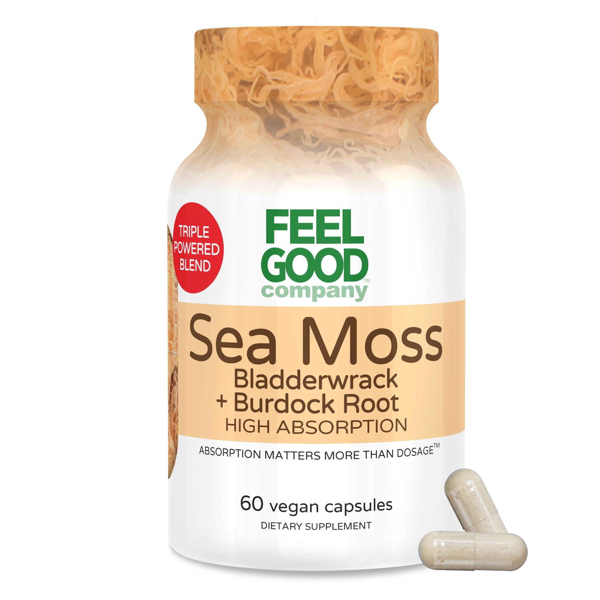 FeelGood Superfoods Sea Moss Bladderwrack with Burdock Root Supplement High Absorption 60 Capsules Plant-Based Superfood for Thyroid Support