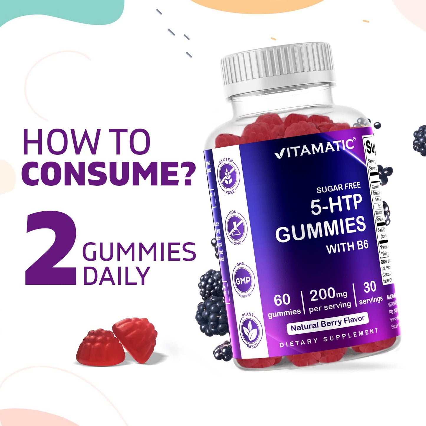 Vitamatic Sugar Free 5-HTP 200mg Gummies with B6, 120 Gummies