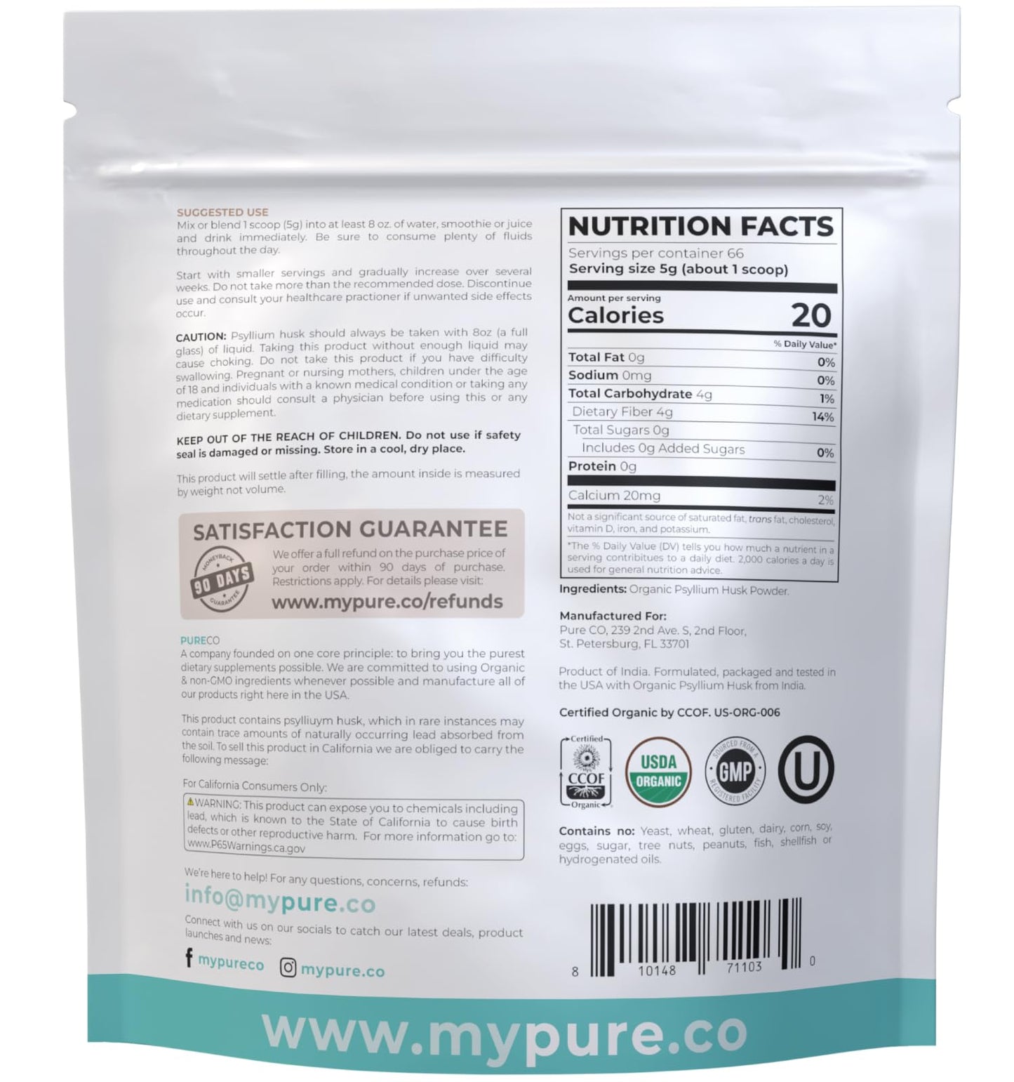 PURE CO Psyllium Husk Powder Organic Certified, 11.64 oz