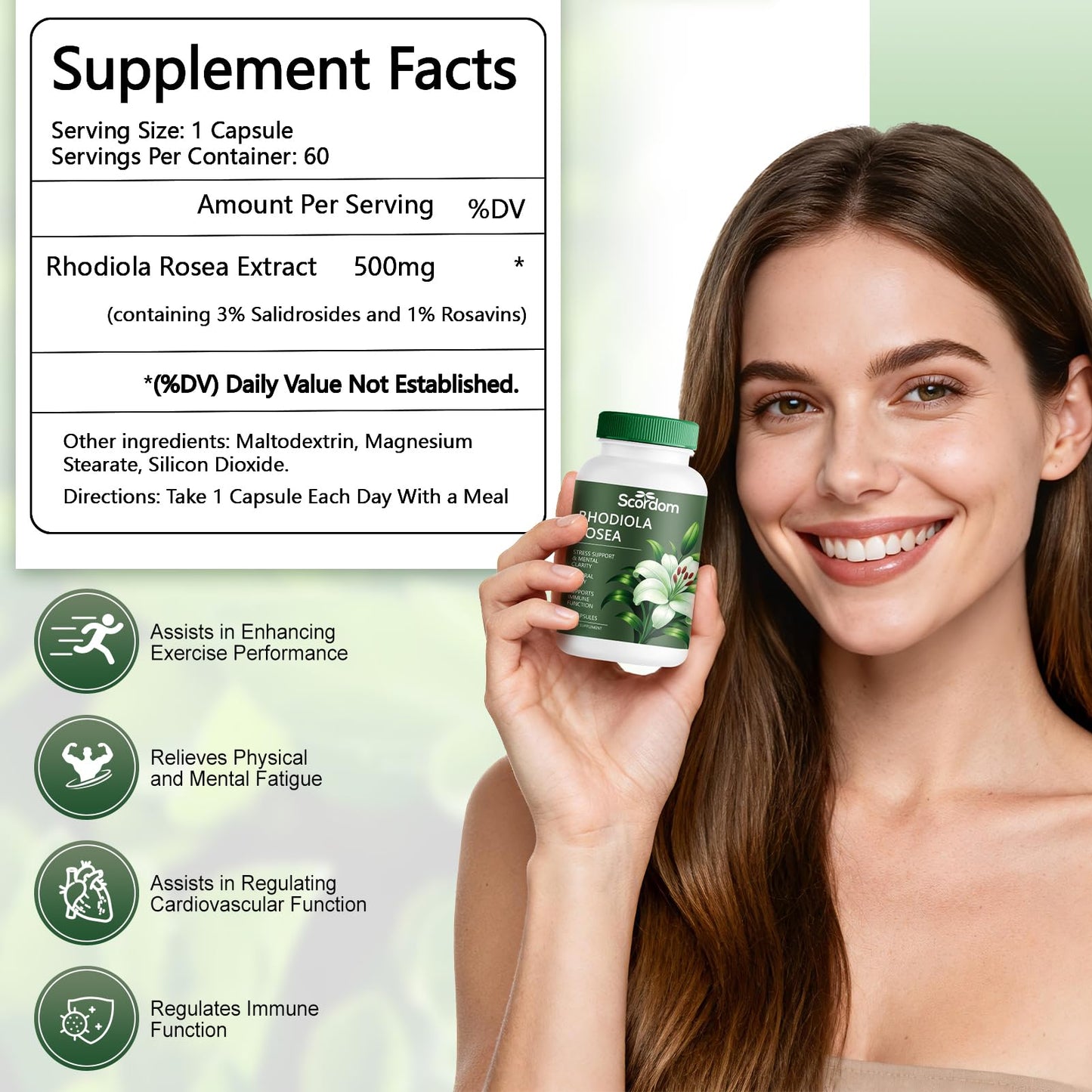 SCORDOM Rhodiola Rosea 500mg Capsule, 1 Count