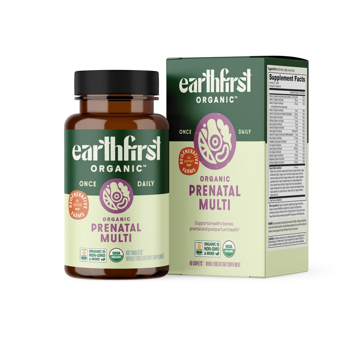 EarthFirst Organic Prenatal Once Daily Multivitamin for Women for Conception, Pregnancy, Postpartum & Breastfeeding, Folate, Iron & Organic Whole Food Blend, Vegan, 60 Tablets