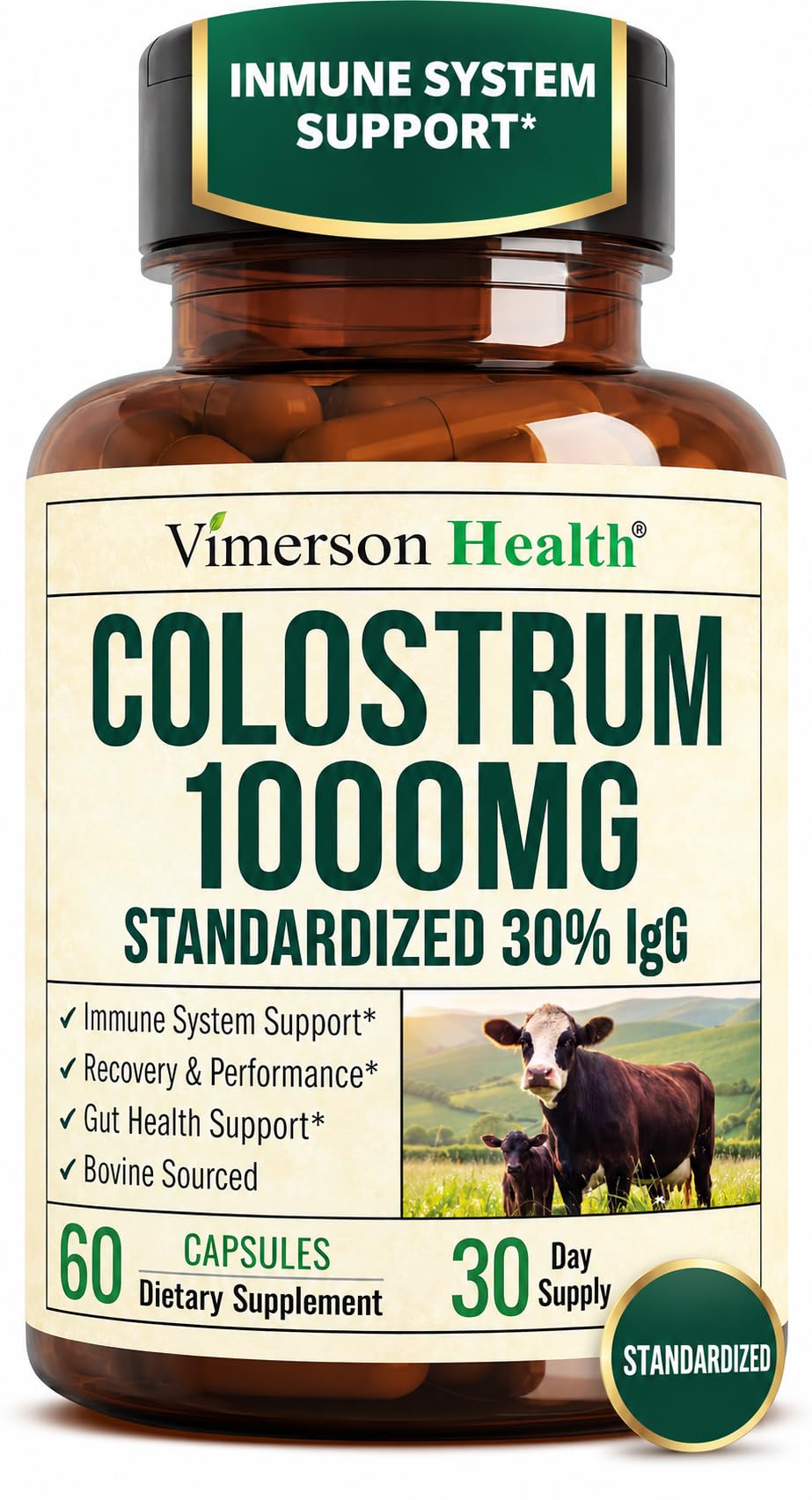 Vimerson Health Colostrum 1000mg Standardized 30% IgG Immune & Gut Health Support High-Potency Bovine Colostrum Supplement, Capsule, 60 Count