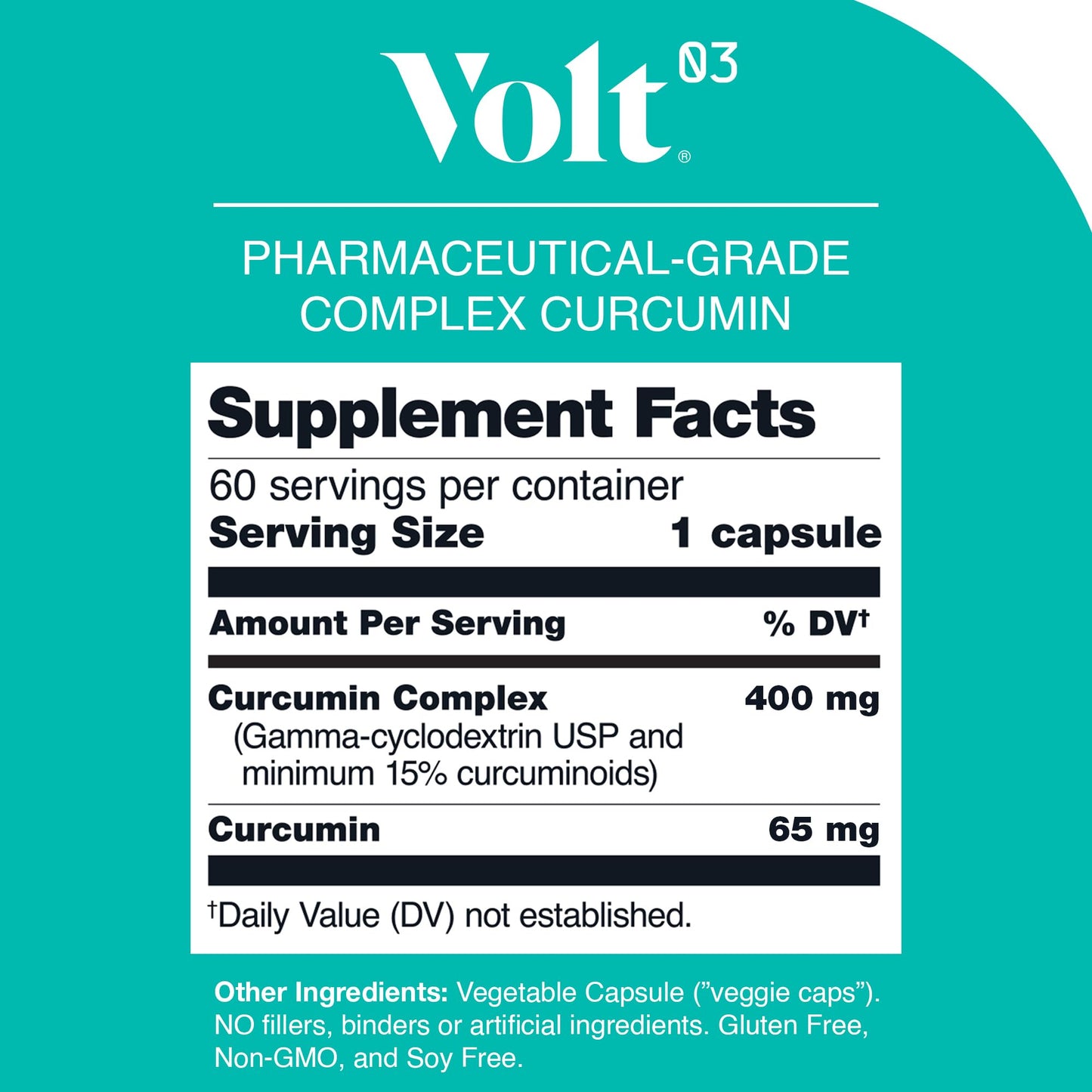 Volt03 Organic Turmeric Curcumin Capsules, 400mg Curcumin Complex, 60 Capsules