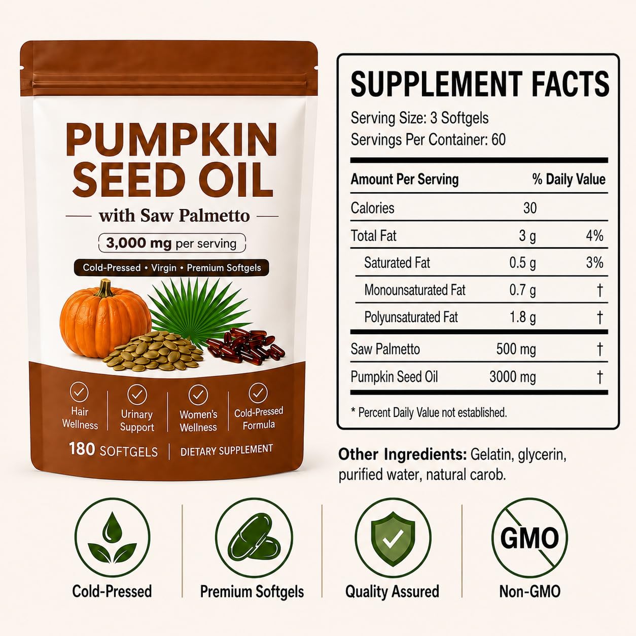 TkPDN Pumpkin Seed Oil with Saw Palmetto 3000mg Capsules, 180 Capsules
