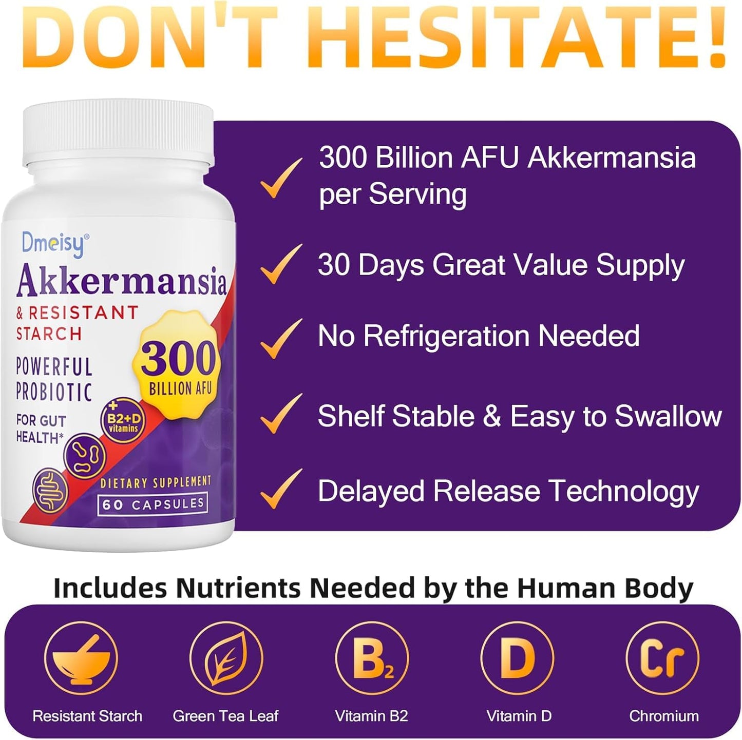 Dmeisy Akkermansia Muciniphila Probiotic Capsule, 300 Billion AFU, 120 Count