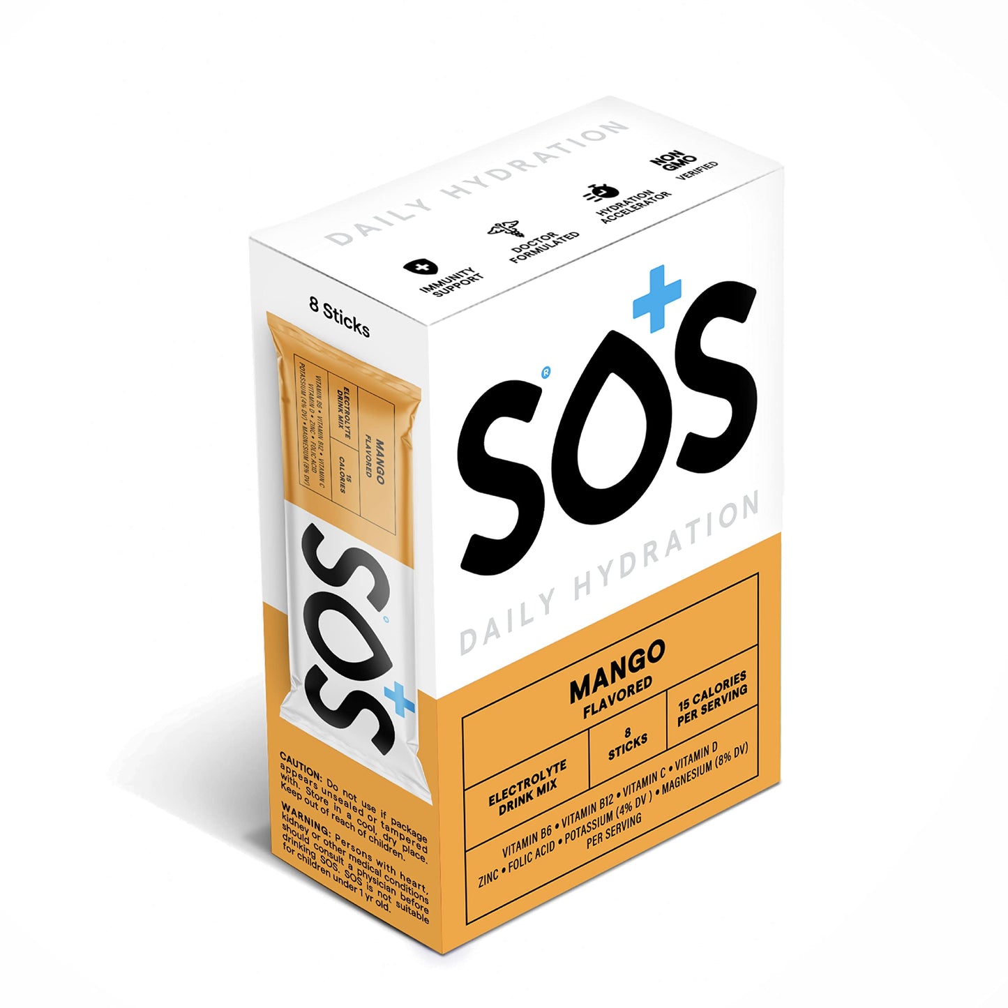 SOS Hydration Electrolyte Powder Sticks, 8 Servings, Mango