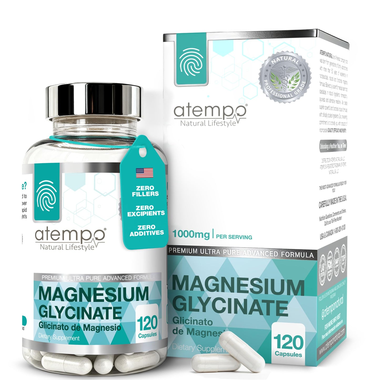 ATEMPO NATURAL LIFESTYLE Magnesium Glycinate 1000mg Capsules, 120 Count