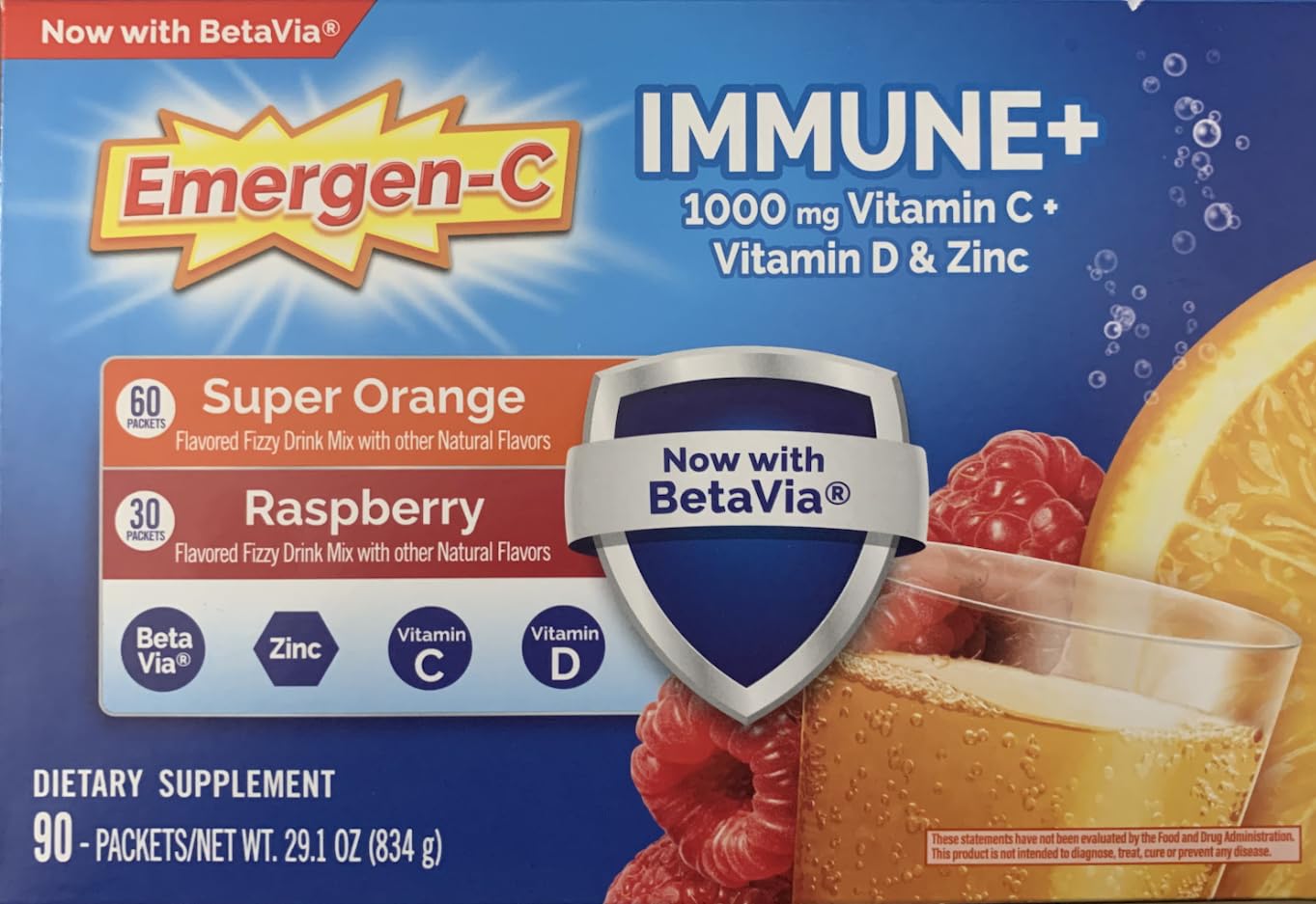 Emergen-C Immune+ 1000 mg Vitamin C + Vitamin D & Zinc Powder, 90 Packets