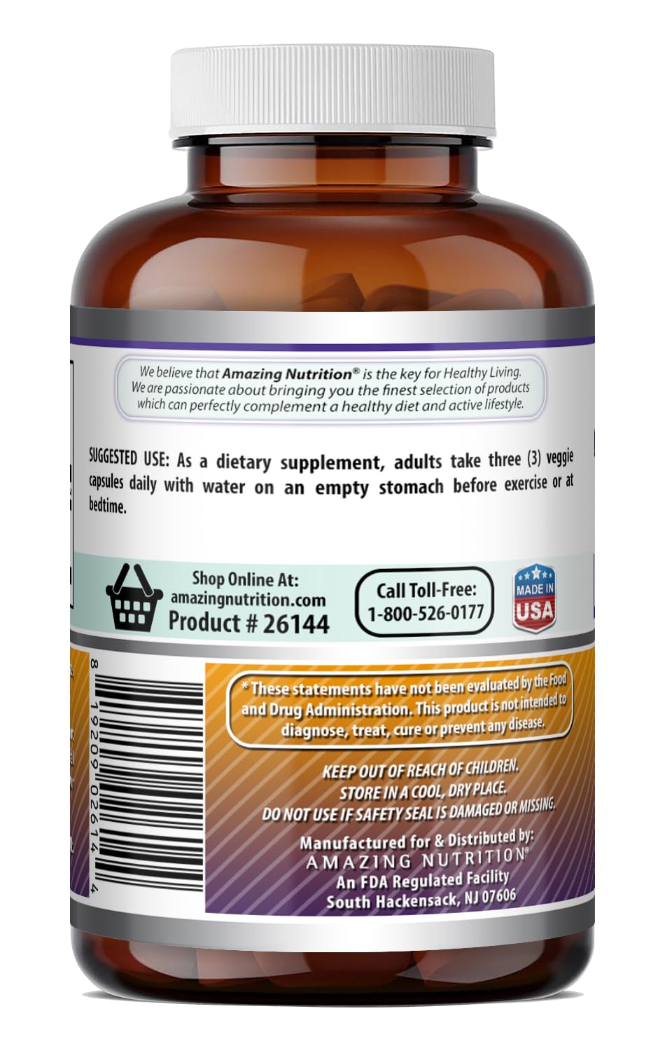 Amazing Nutrition L-Ornithine 1500 mg Per Serving Veggie Capsules, 120 Count