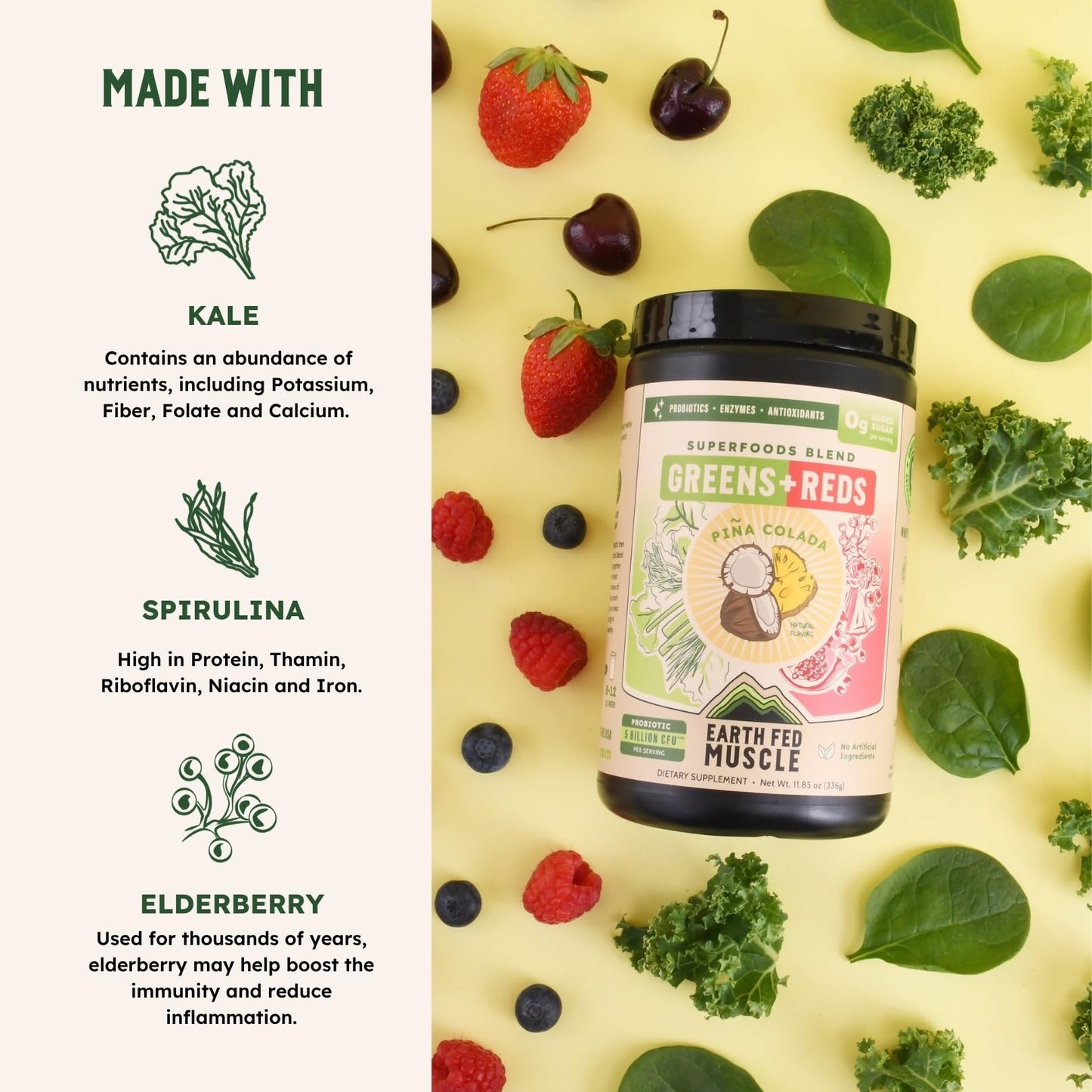 Earth Fed Muscle Greens and Reds Superfoods Blend Powder, Piña Colada, 12 Ounce