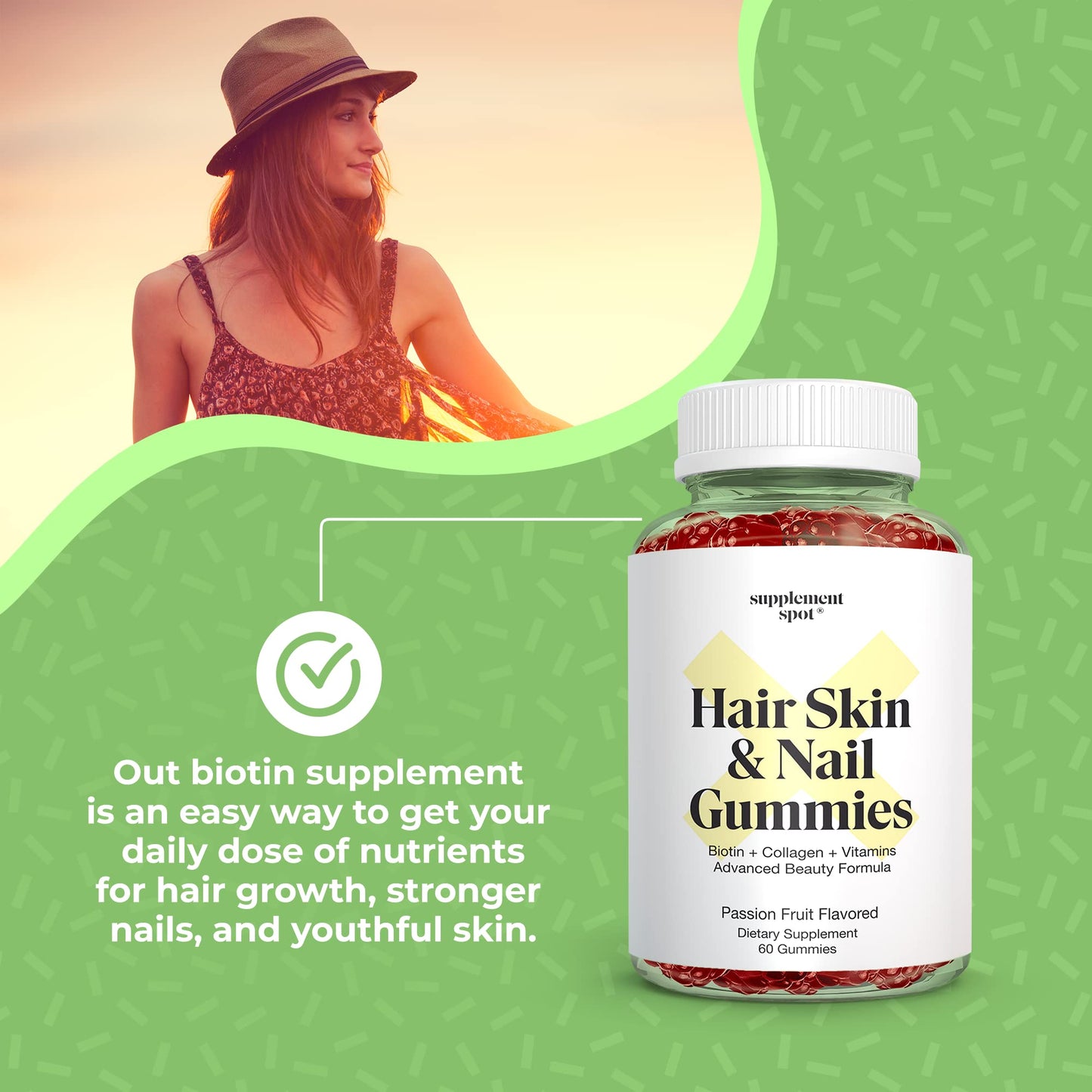 Supplement Spot Hair Skin and Nails Vitamins Biotin Gummies with Collagen, 6000 mcg Biotin, Passion Fruit Flavor, Gluten Free, 60 Gummies