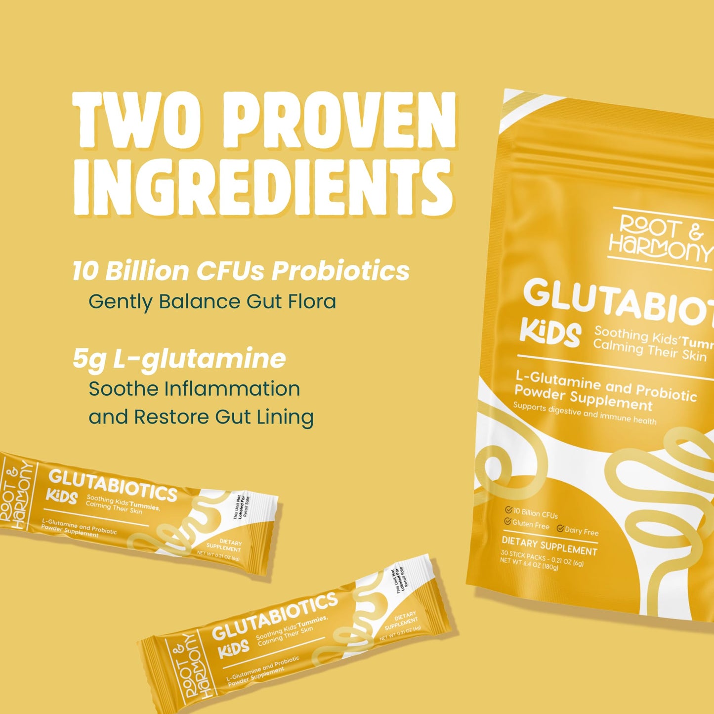 Root and Harmony Glutabiotics Kids Probiotic & L-Glutamine Powder Daily Children's Gut Health, Skin & Immune Support Supplement, 6.4 Ounce
