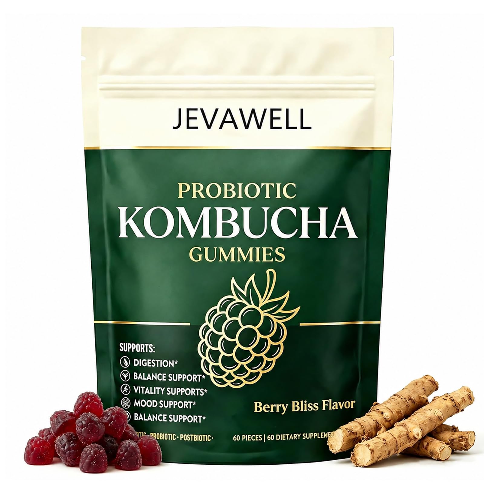 qxv Jevawell Probiotic Kombucha Gummies Berry Flavor, 60 Gummies