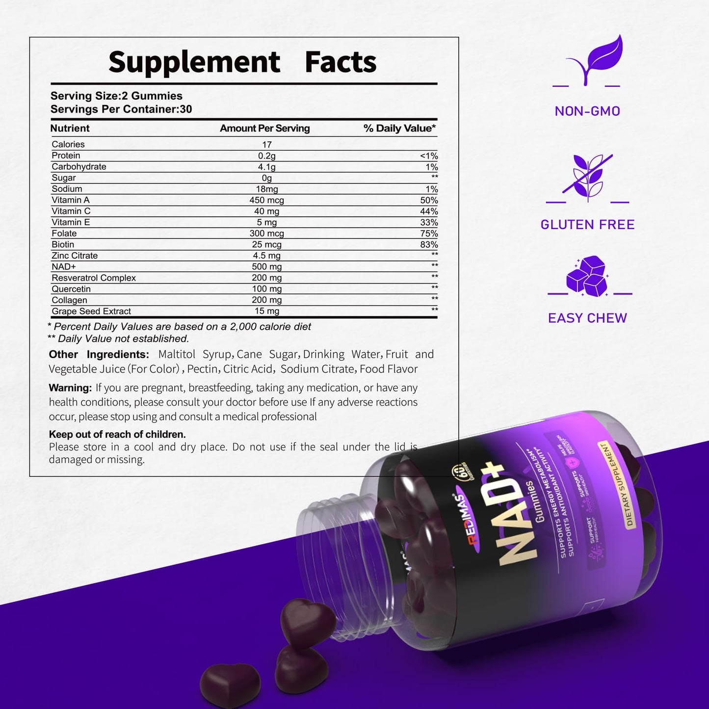 Redimas NAD Collagen Gummies with Resveratrol, 60 Count