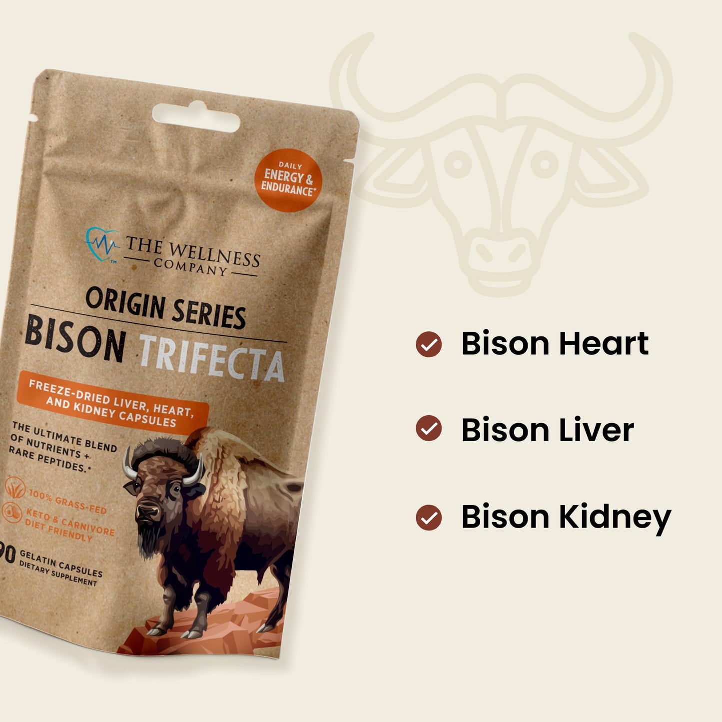 The Wellness Company Bison Trifecta - Super-Bioavailable Multivitamin, Heme Iron, All Natural - Heart, Kidney, Liver, Grass-Fed & Finished, No Vaccines or Hormones, 90 Capsules