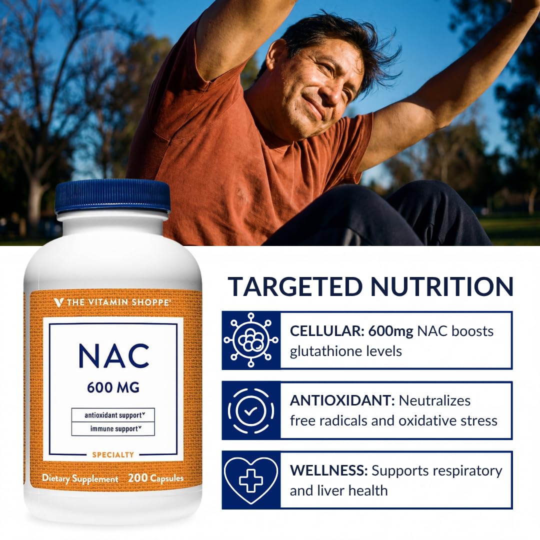 The Vitamin Shoppe NAC Supplement 600mg N-Acetyl-L-Cysteine Capsule 200 Count