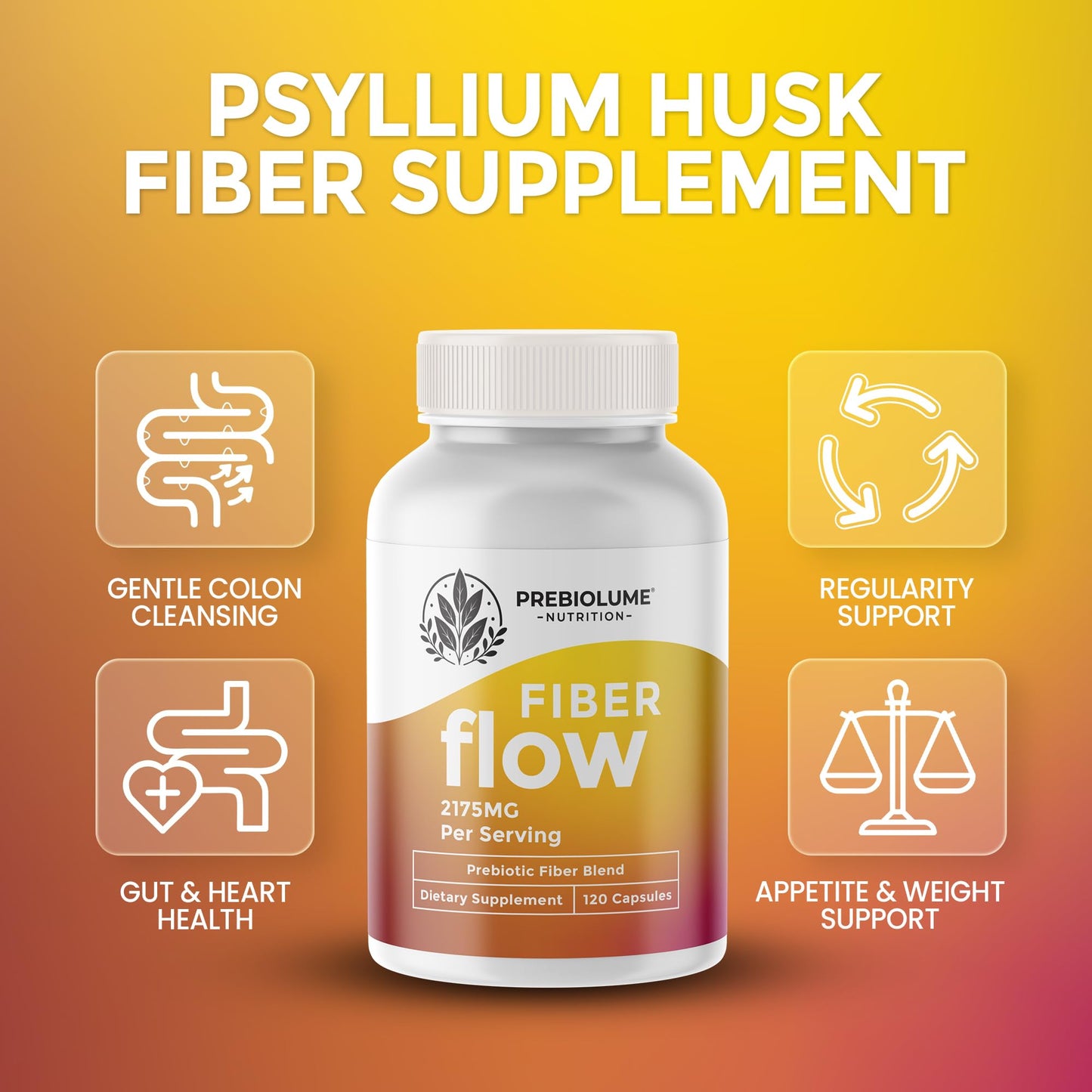 Prebiolume Psyllium Husk Capsule 2175mg Fiber Supplement, 120 Capsules