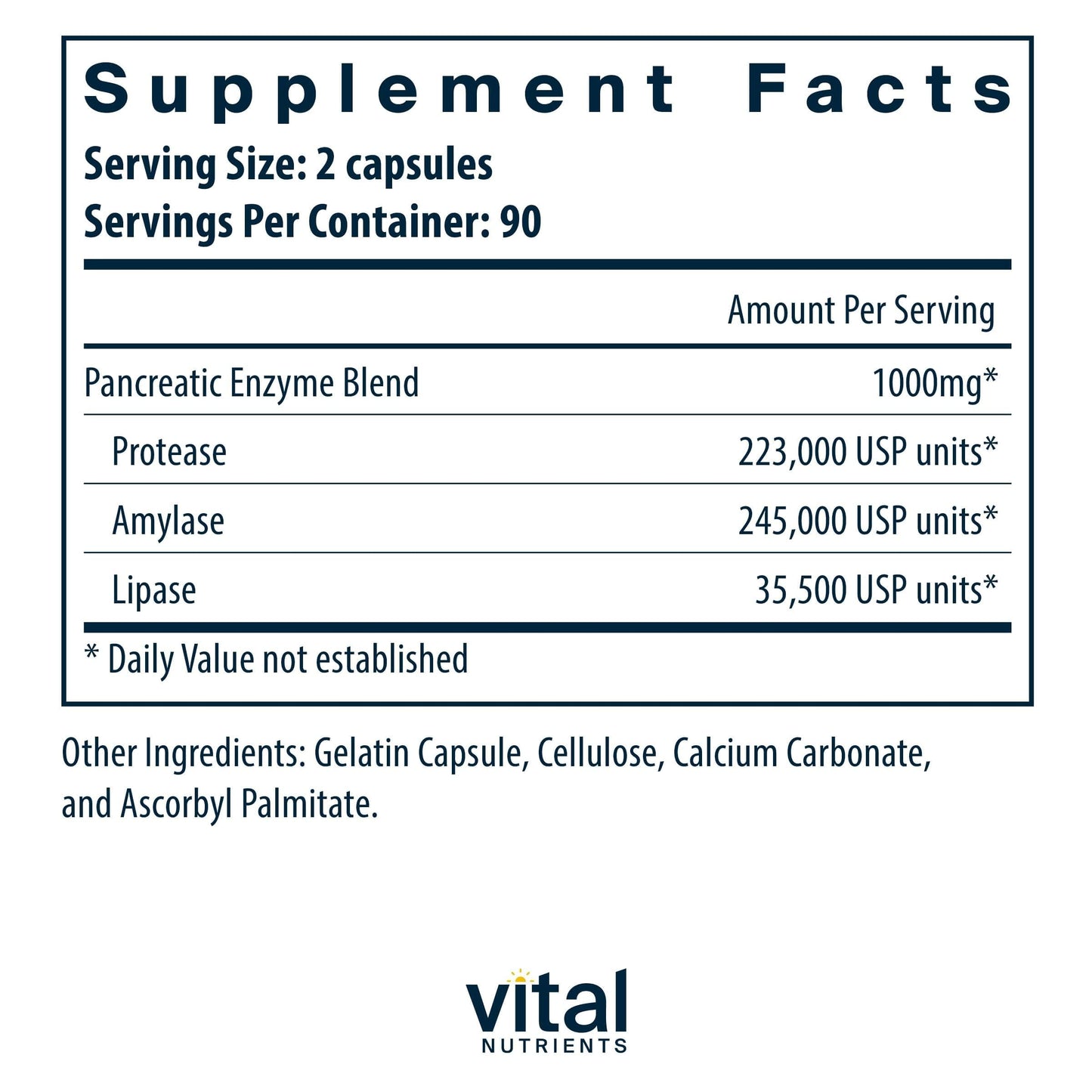Vital Nutrients Pancreatic Enzymes 1000mg Pancreatin Digestion Supplement with Protease, Amylase & Lipase, 180 Capsules