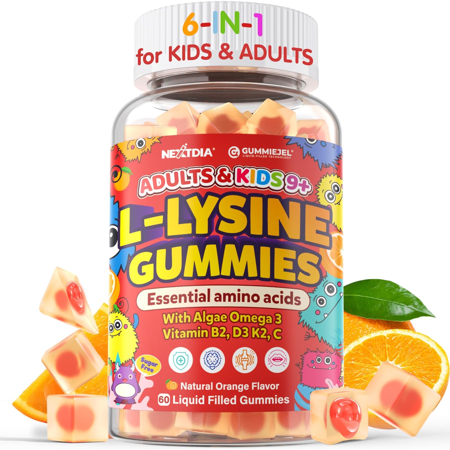 Nextdia L-Lysine Gummies 500/1000mg with Algae Omega-3, Vitamin B2, D3, K2, C Sugar Free, 60 Gummies