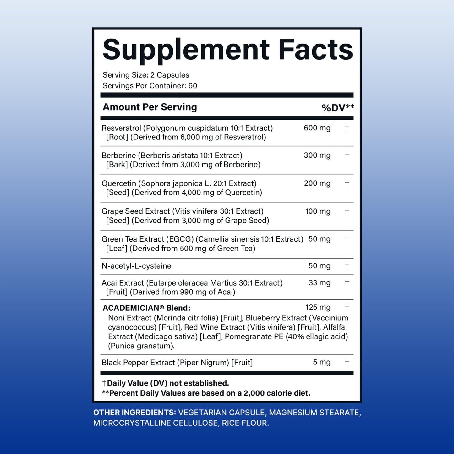 ACADEMICIAN Resveratrol Berberine Quercetin Capsule with Bromelain and Grape Seed Extract - 120 Count