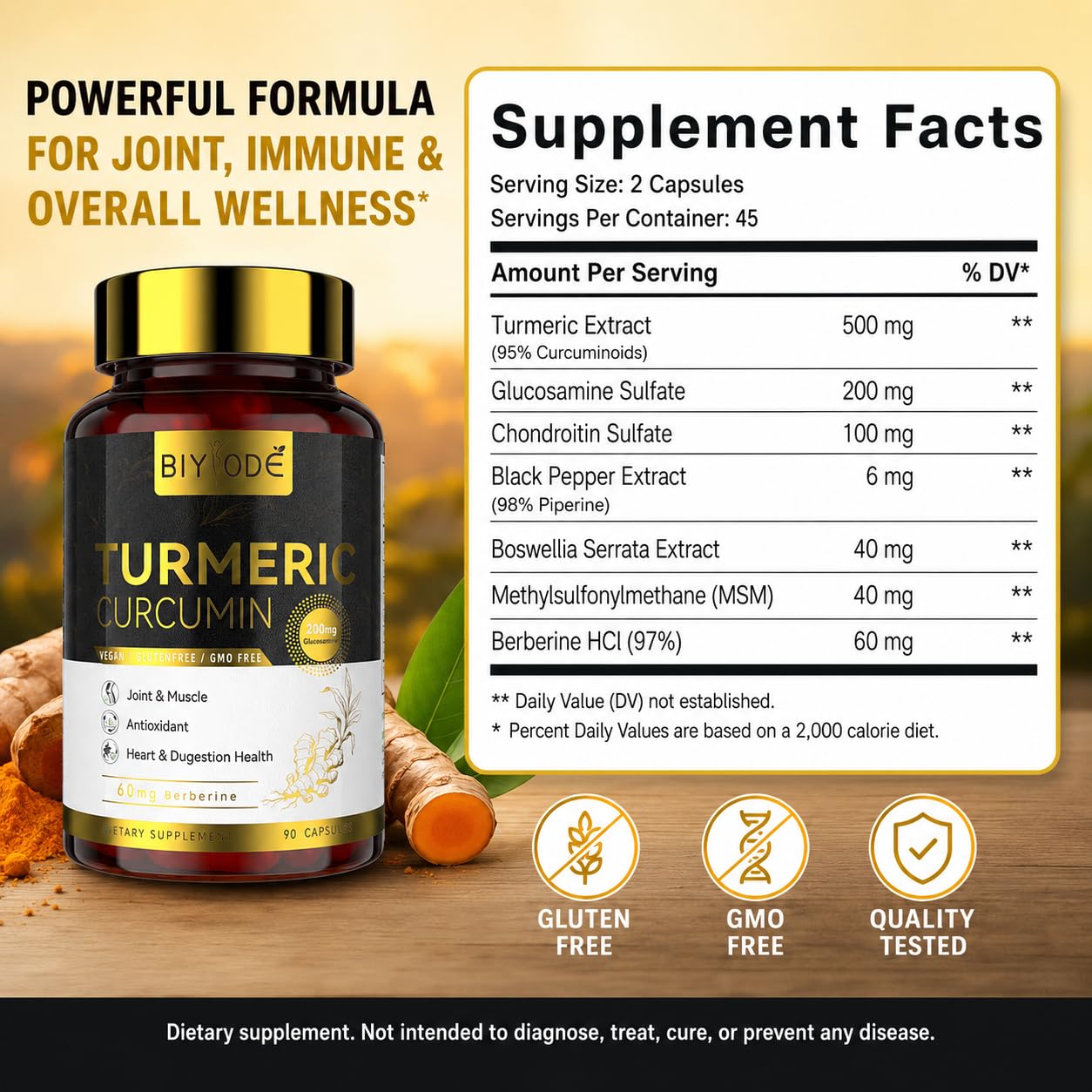 BIYODE Turmeric Curcumin Supplement 500mg 90 Capsules