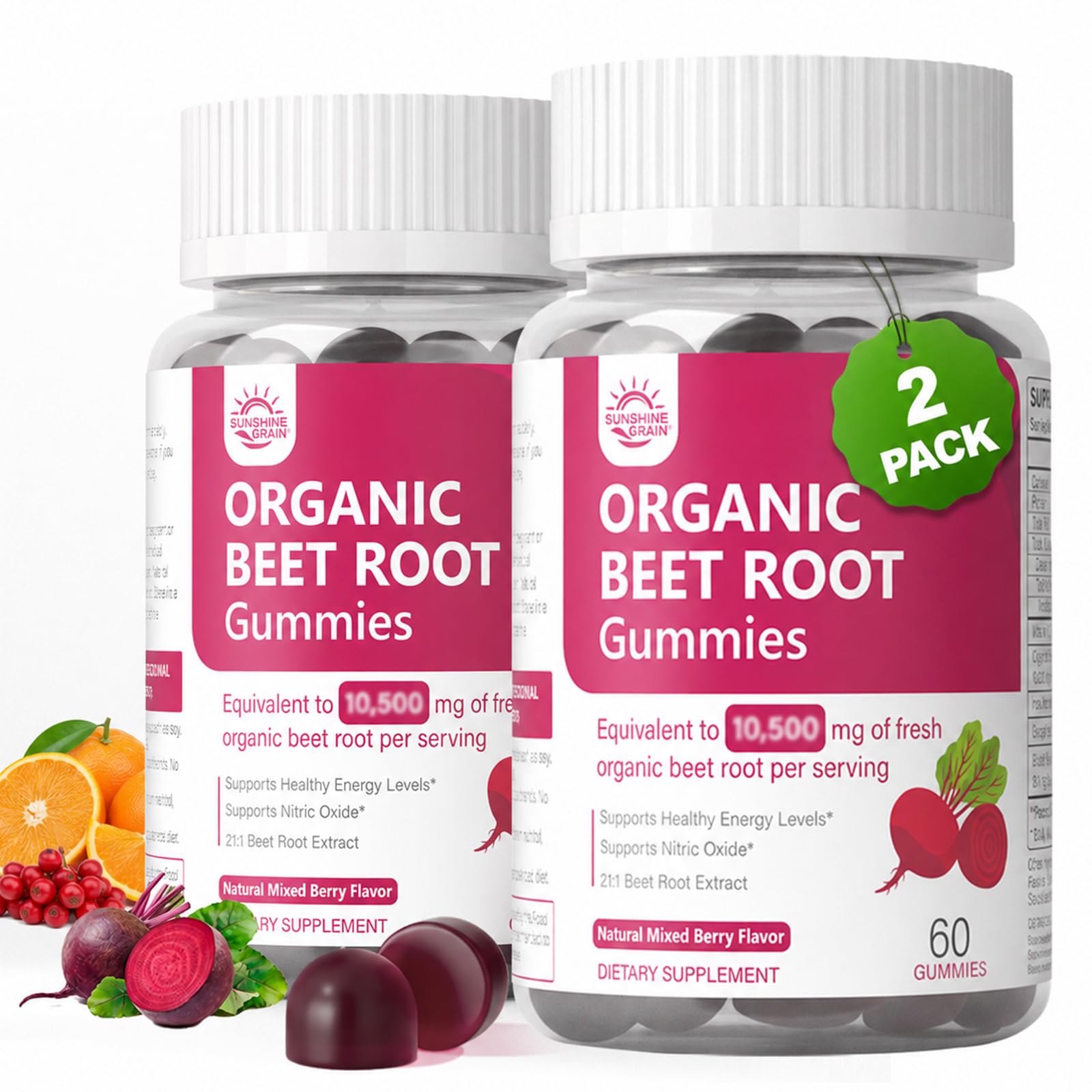 Sunshine & Rain Organic Beet Root Gummies for Nitric Oxide Support, 120 Gummies