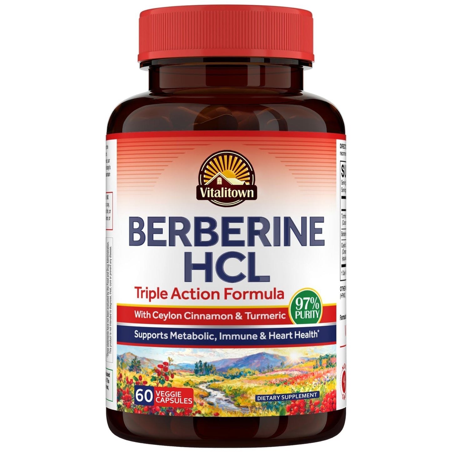 Vitalitown Berberine HCl 200mg with Ceylon Cinnamon & Turmeric, 97% Purity, Concentrated Berberine Supplement, 60 Capsules