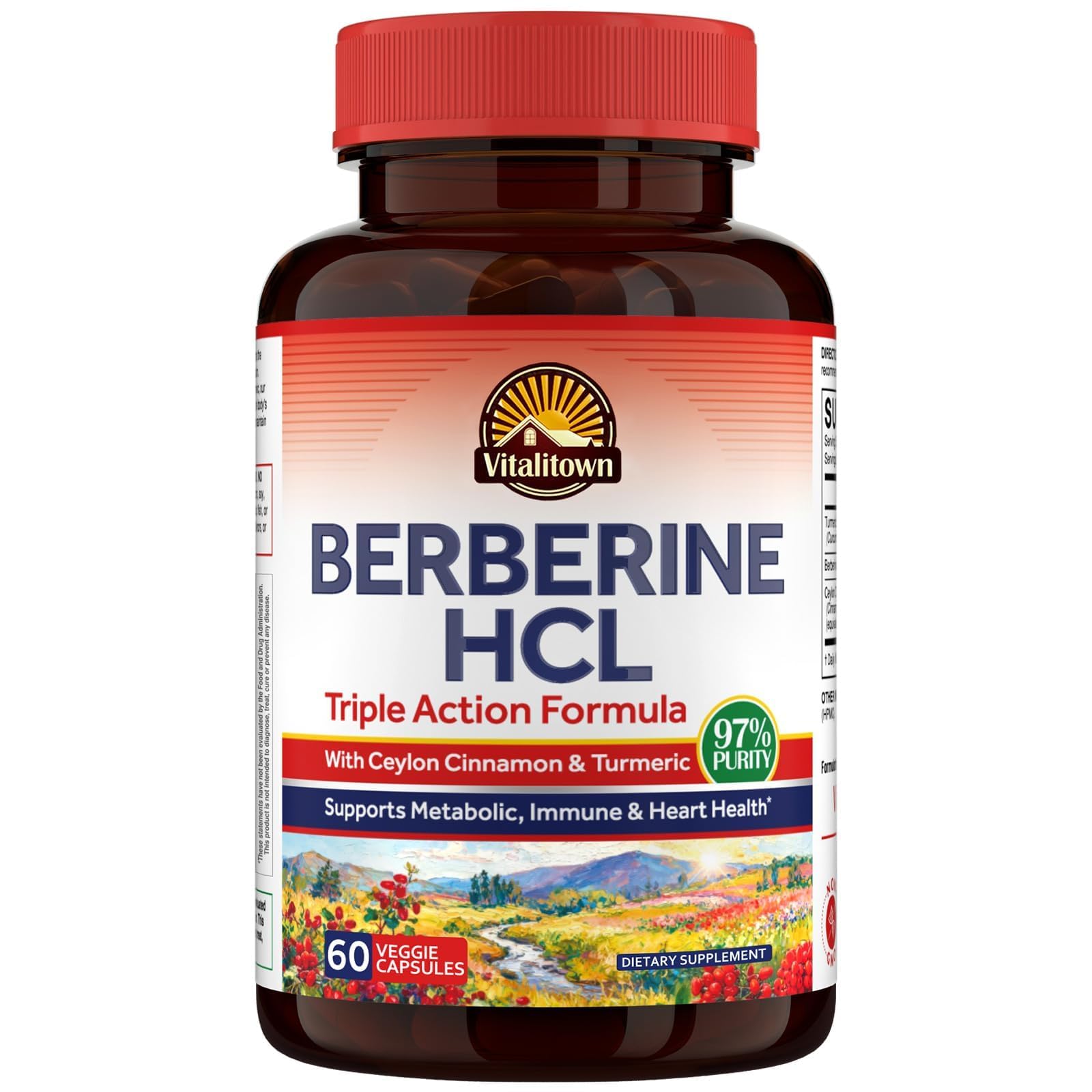 Vitalitown Berberine HCl 200mg with Ceylon Cinnamon & Turmeric, 97% Purity, Concentrated Berberine Supplement, 60 Capsules