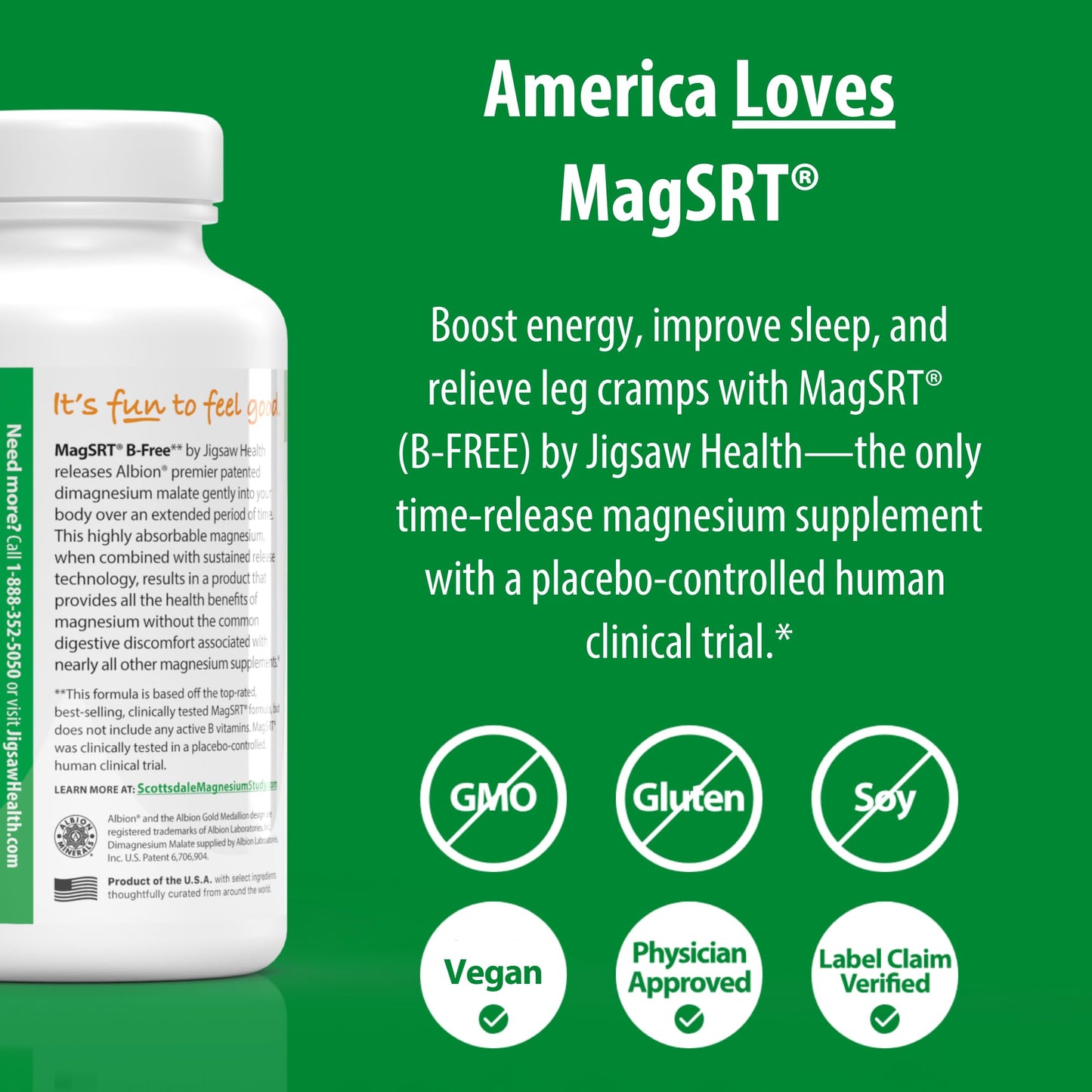 Jigsaw Health MagSRT (B-Free) Premium Slow Release Magnesium Supplement, Active Magnesium Malate Tablets, 240 Tablets