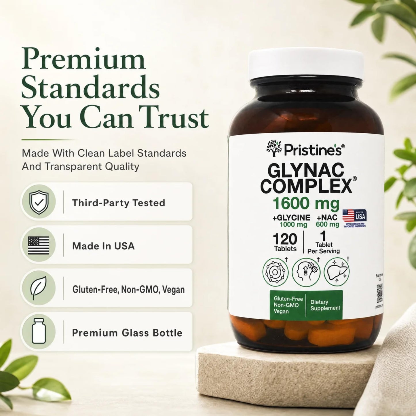 PRISTINE'S GlyNAC 1600mg Tablets, Glycine 1000mg + NAC 600mg, 120 Tablets