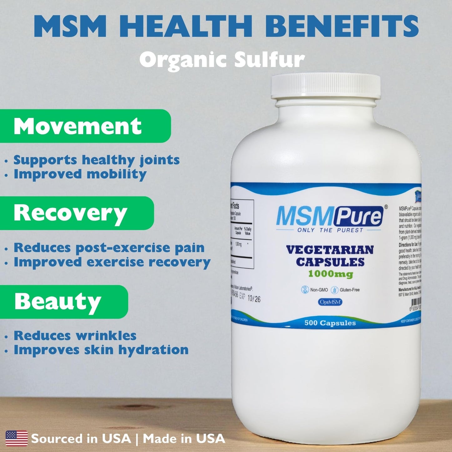 KALA HEALTH MSMPure 1000mg MSM Vegetarian Capsules, 500 Count