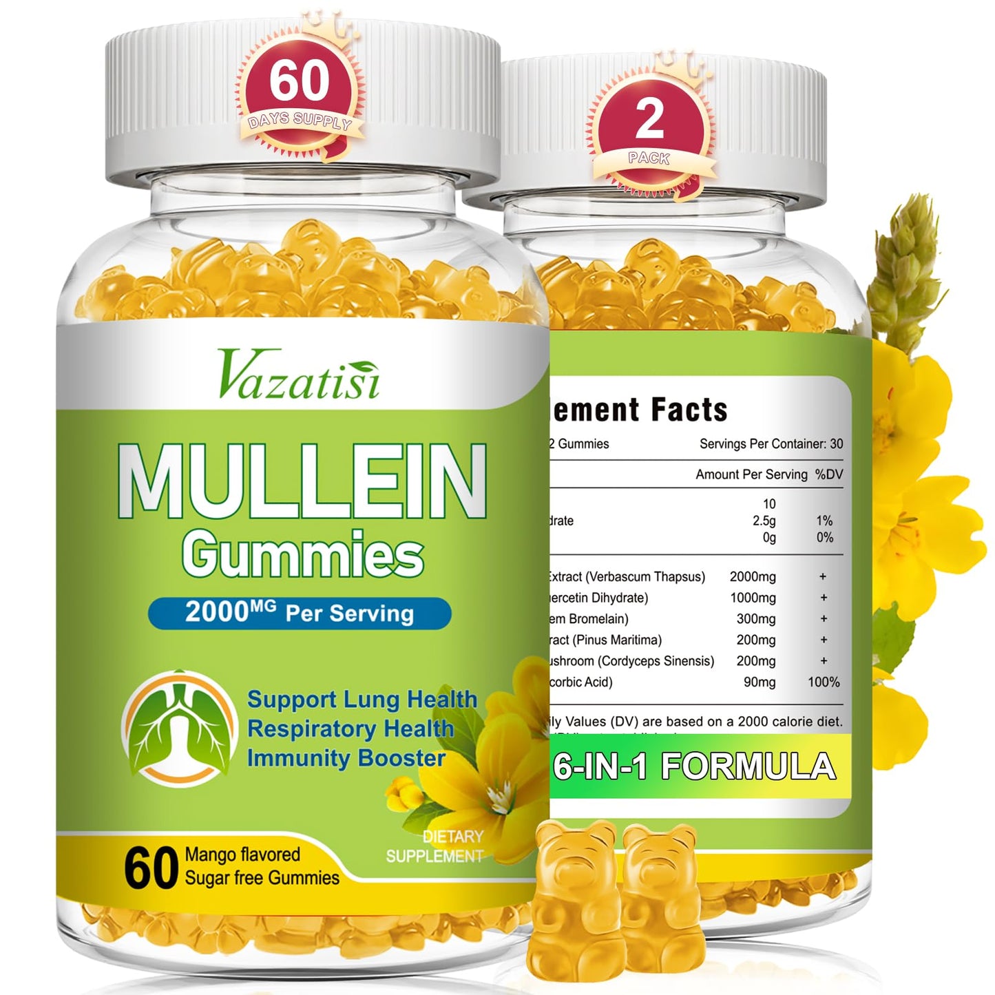 Vazatisi Mullein Gummies with Mullein Leaf Extract, Bromelain, Quercetin, Pine Bark Lung Support for Healthy Breathing, 120 Gummies