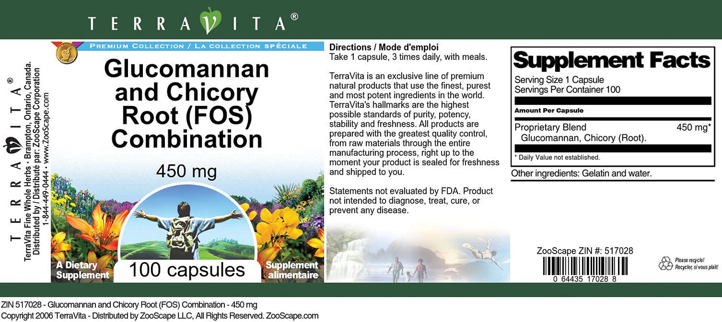 Terravita Glucomannan and Chicory Root (FOS) Combination 450 mg Capsule, 100 Count