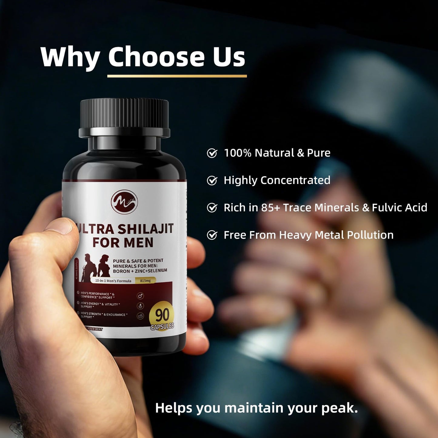 M inch Shilajit for Men, 10-in-1 Booster for Men - Stamina, Vitality & Strength Booster, Male Enhancing Supplement with Ashwagandha, Tongkat Ali & Tribulus Terrestris Extract, 180 Vegan Capsules